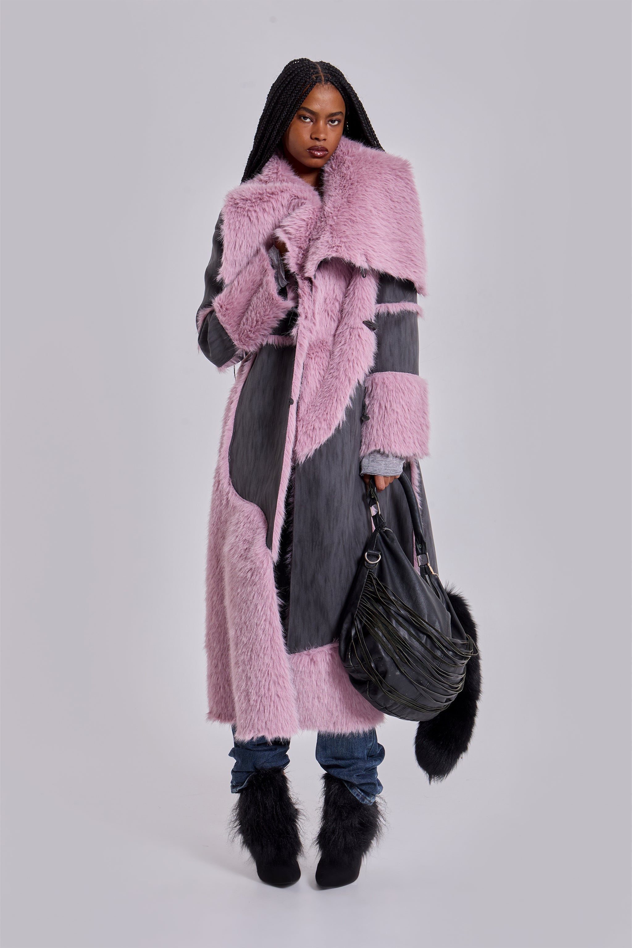 Alise Patchwork Faux Suede and Fur Maxi Coat