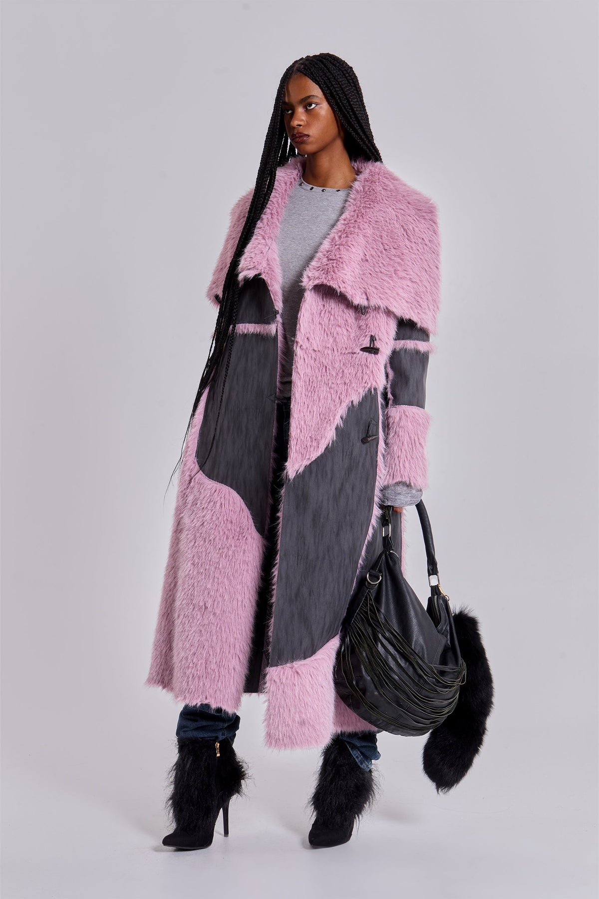 Alise Patchwork Faux Suede and Fur Maxi Coat