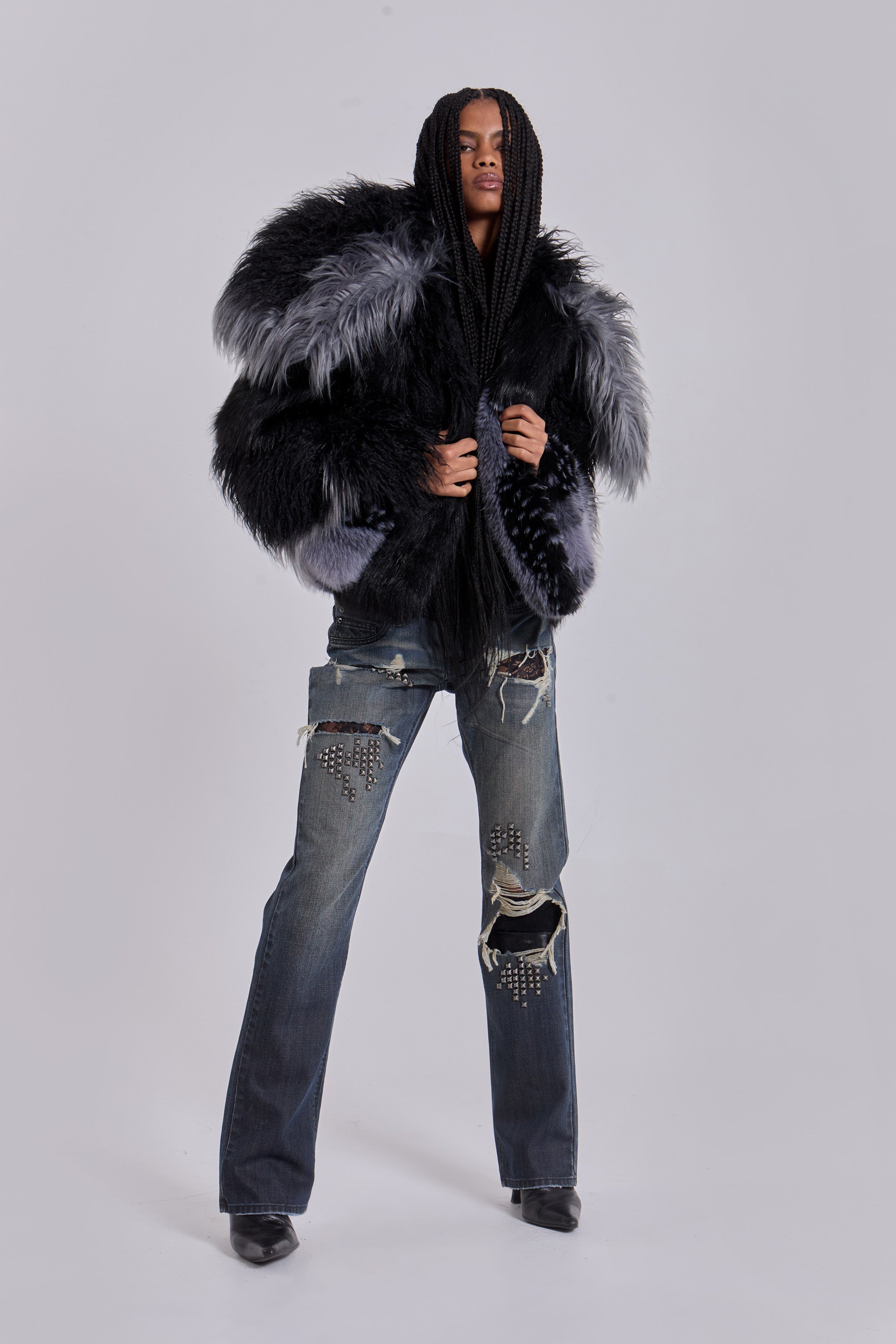 Oksana Patchwork Faux Fur Coat in Black