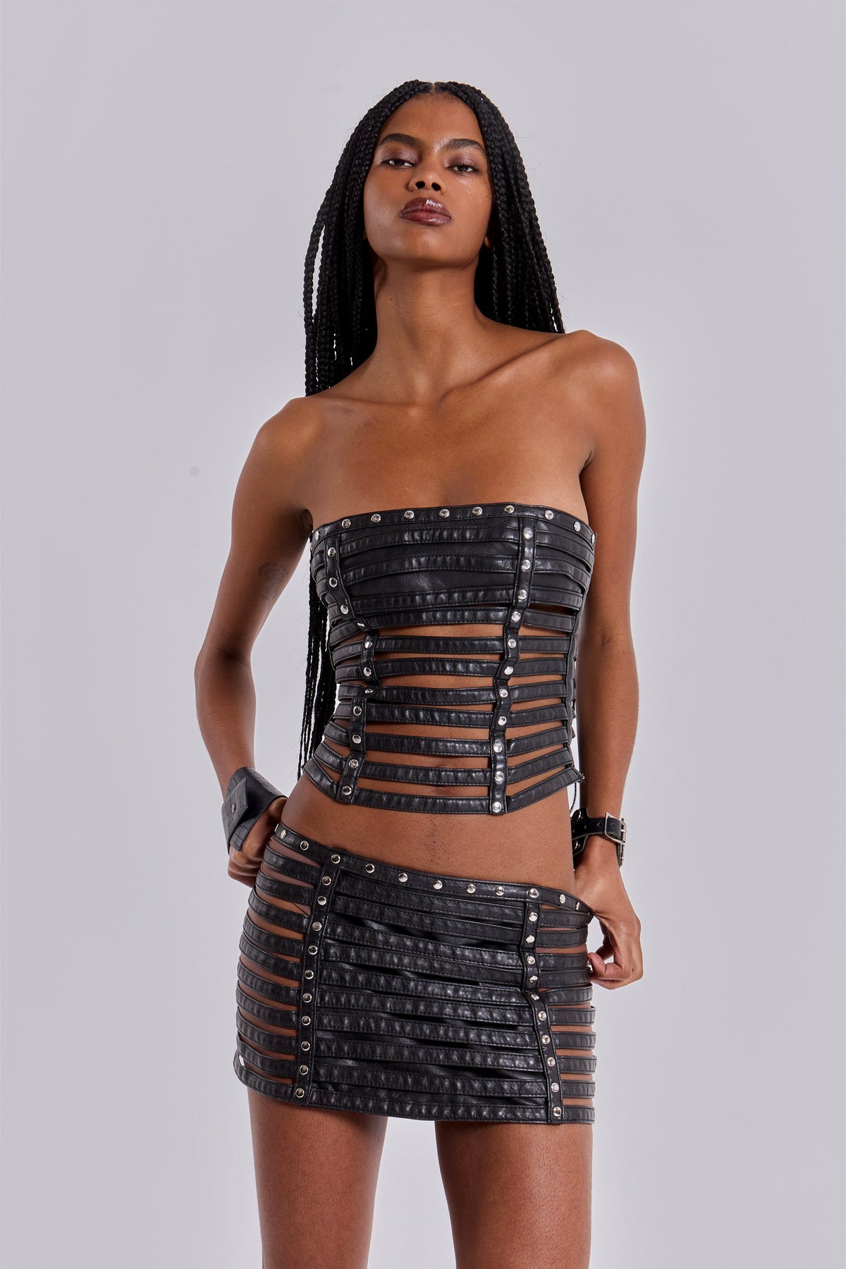 Nyxen Slashed Faux Leather Corset Top
