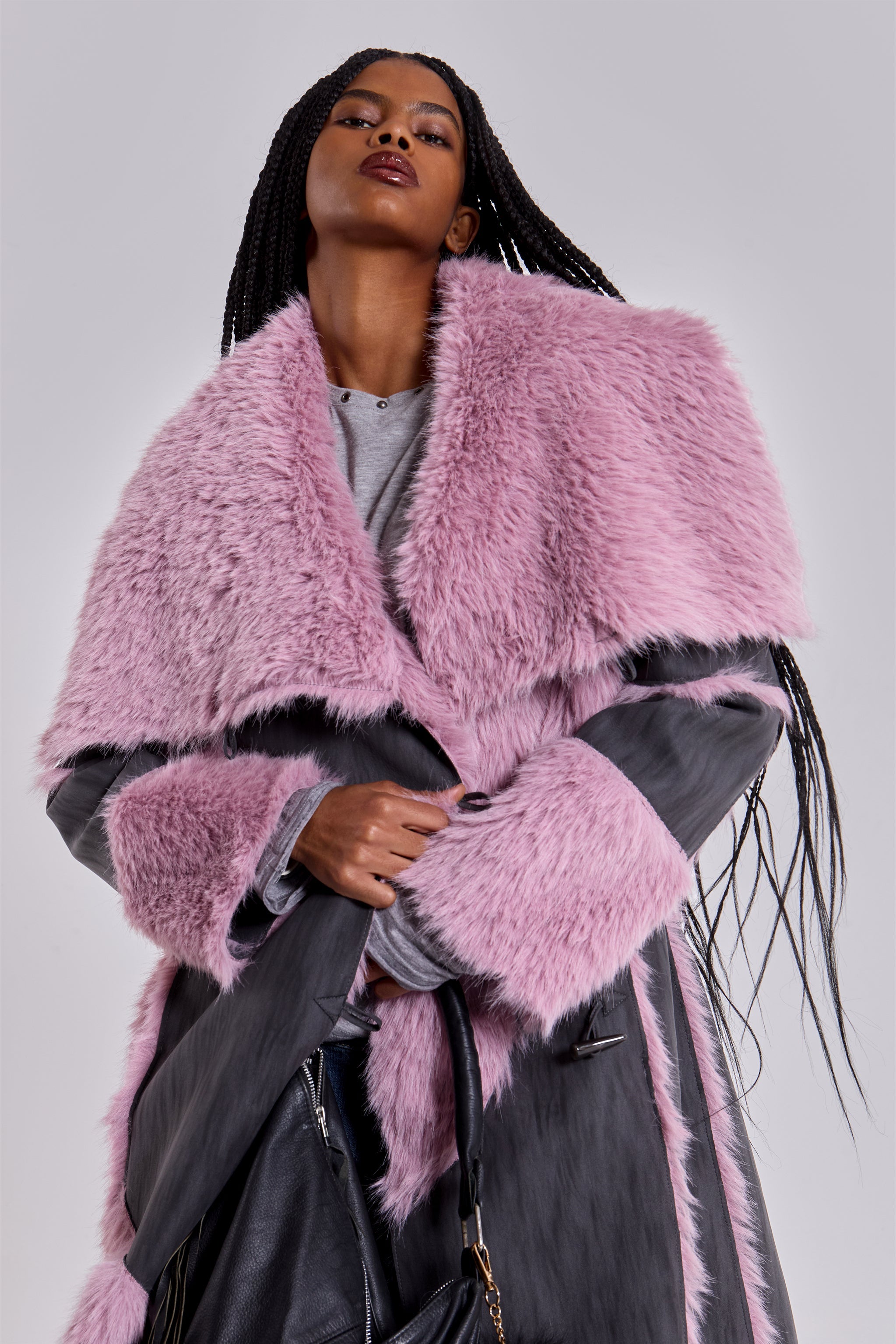 Alise Patchwork Faux Suede and Fur Maxi Coat