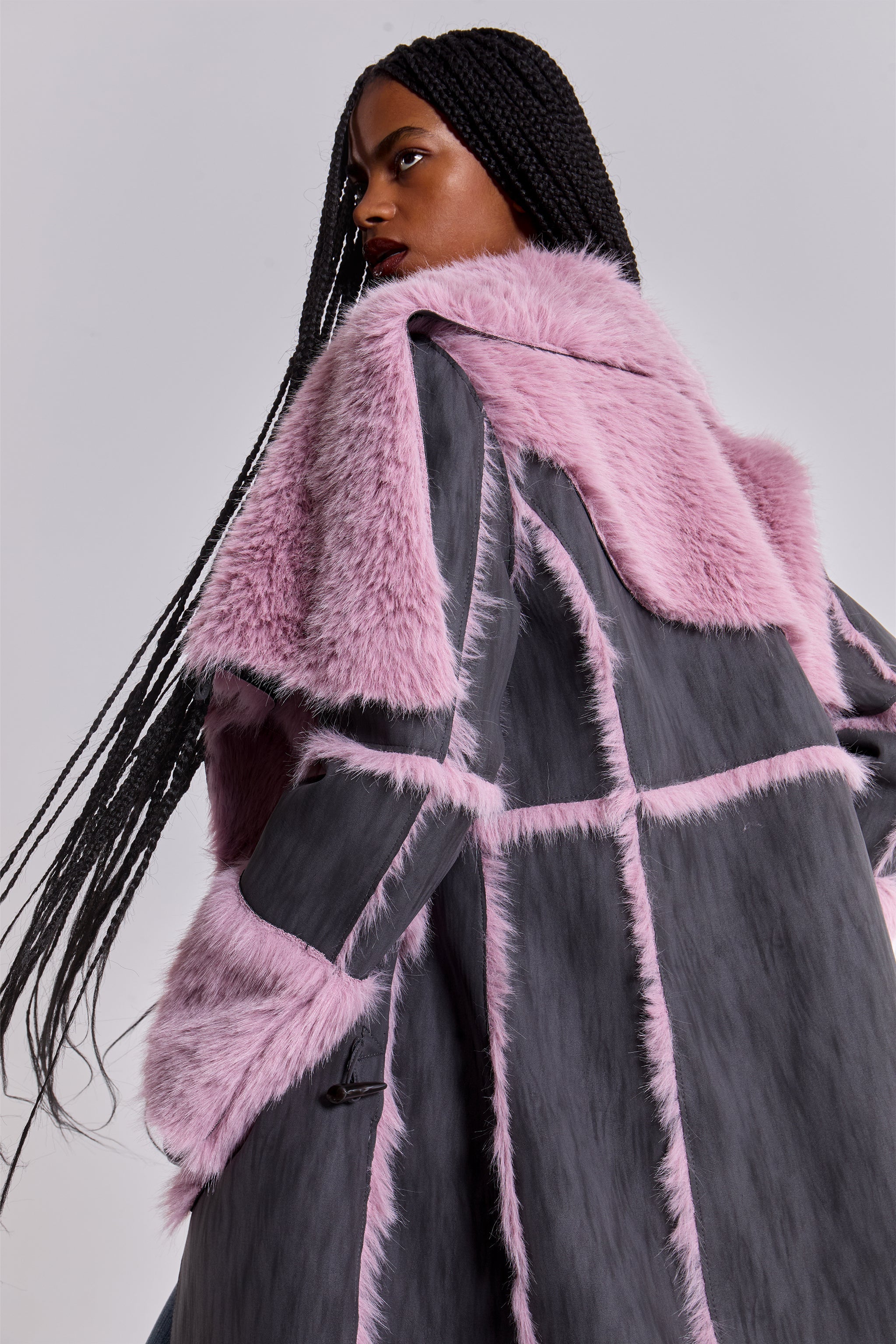 Alise Patchwork Faux Suede and Fur Maxi Coat