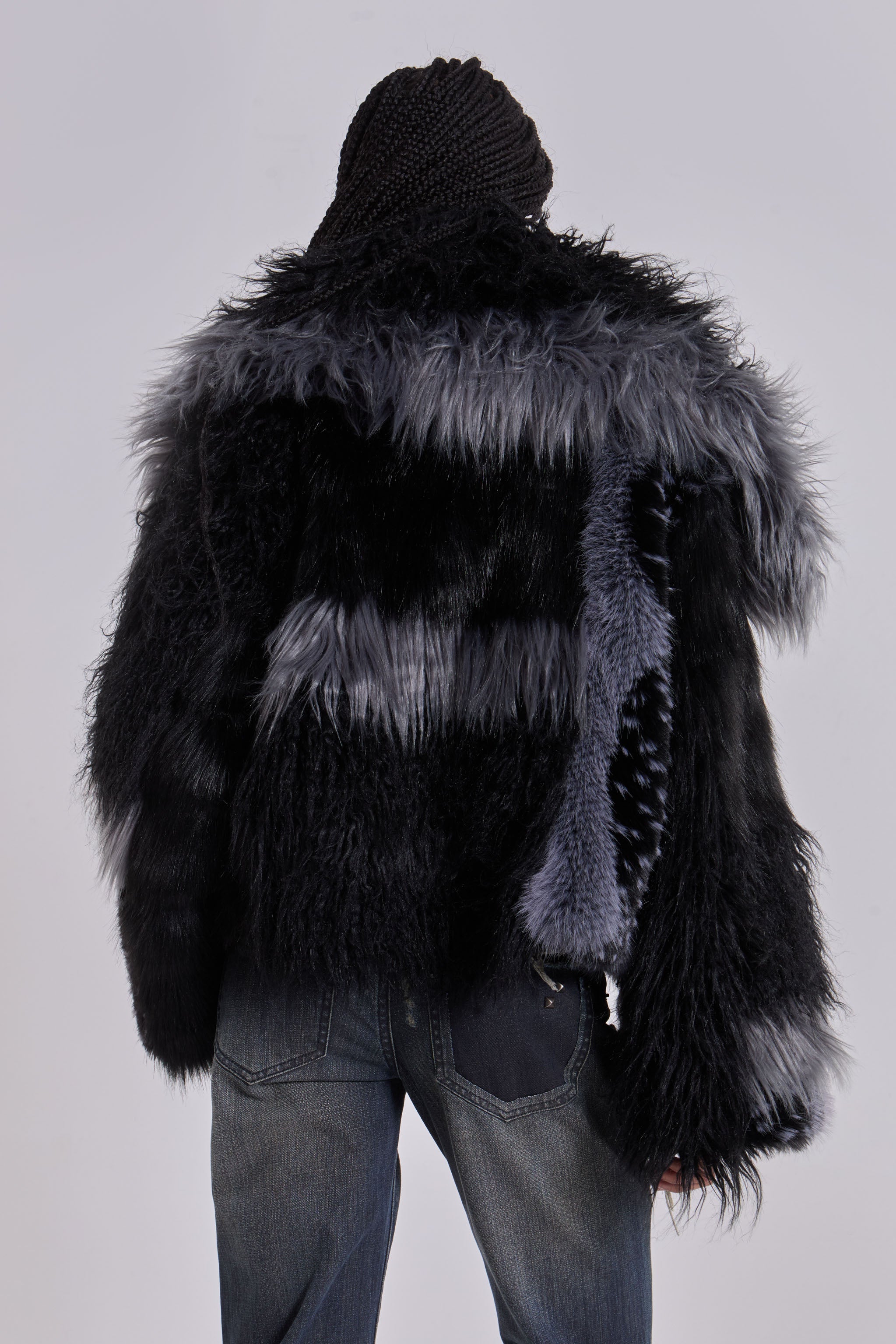 Oksana Patchwork Faux Fur Coat in Black