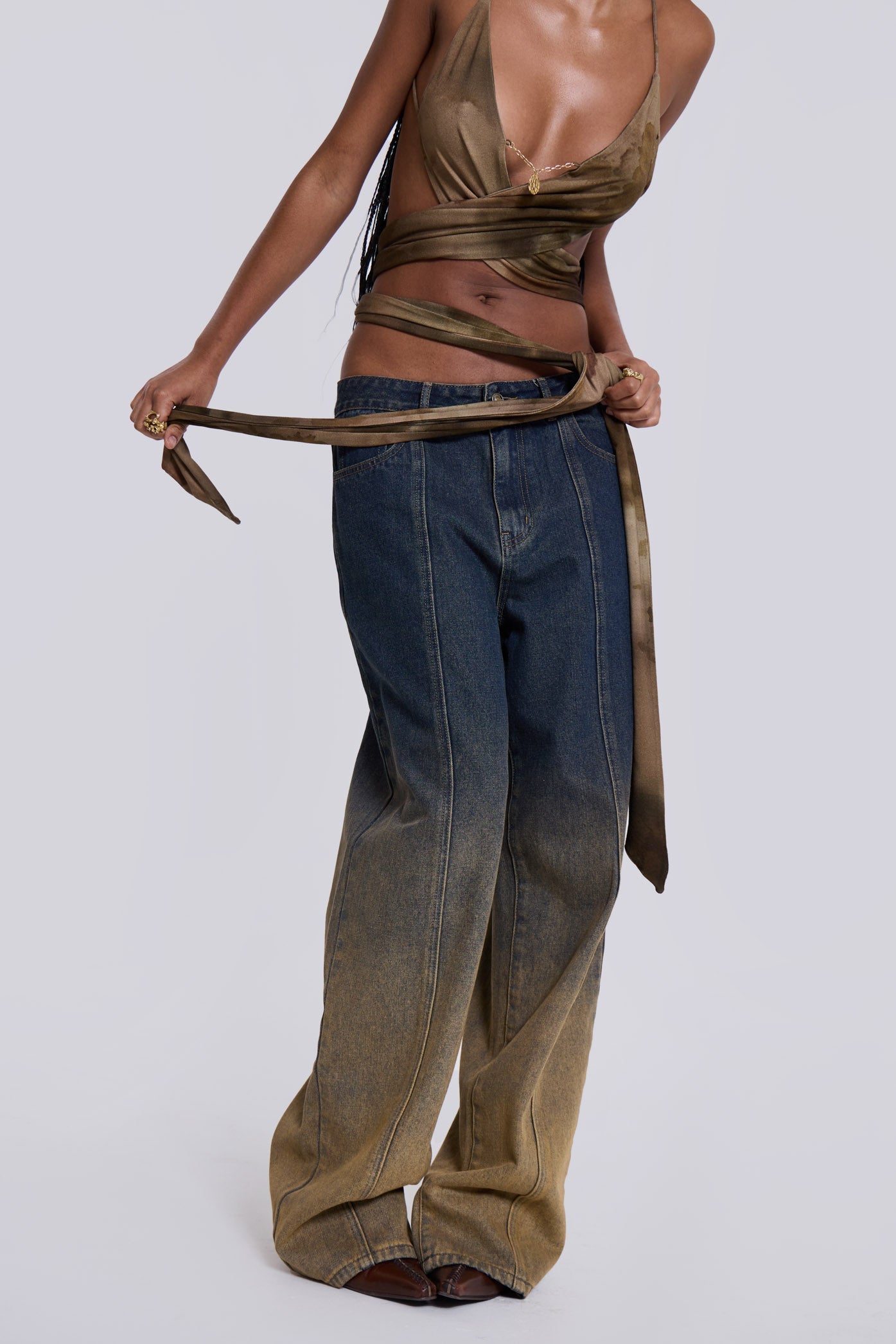 Ayla Backless Plunge Wrap Top in Brown