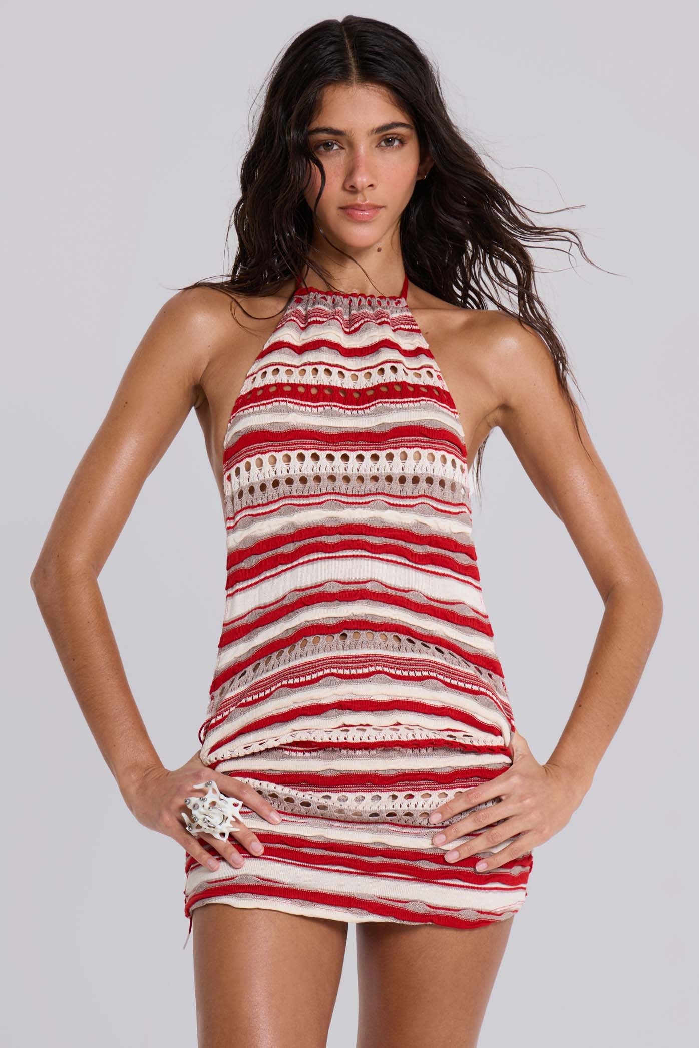 Cata Red Stripe Halter Ruffle Knit Mini Dress