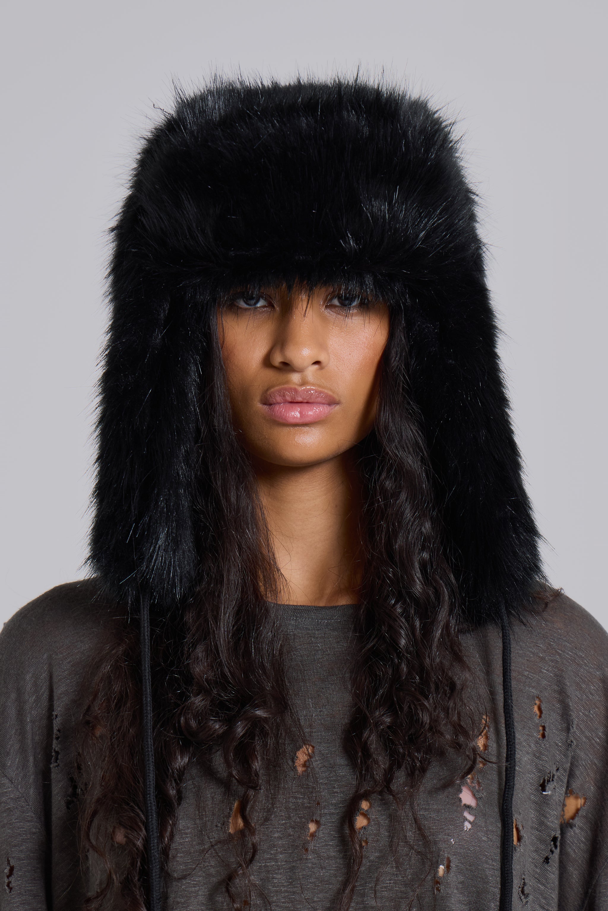Black Faux Fur Trapper Hat