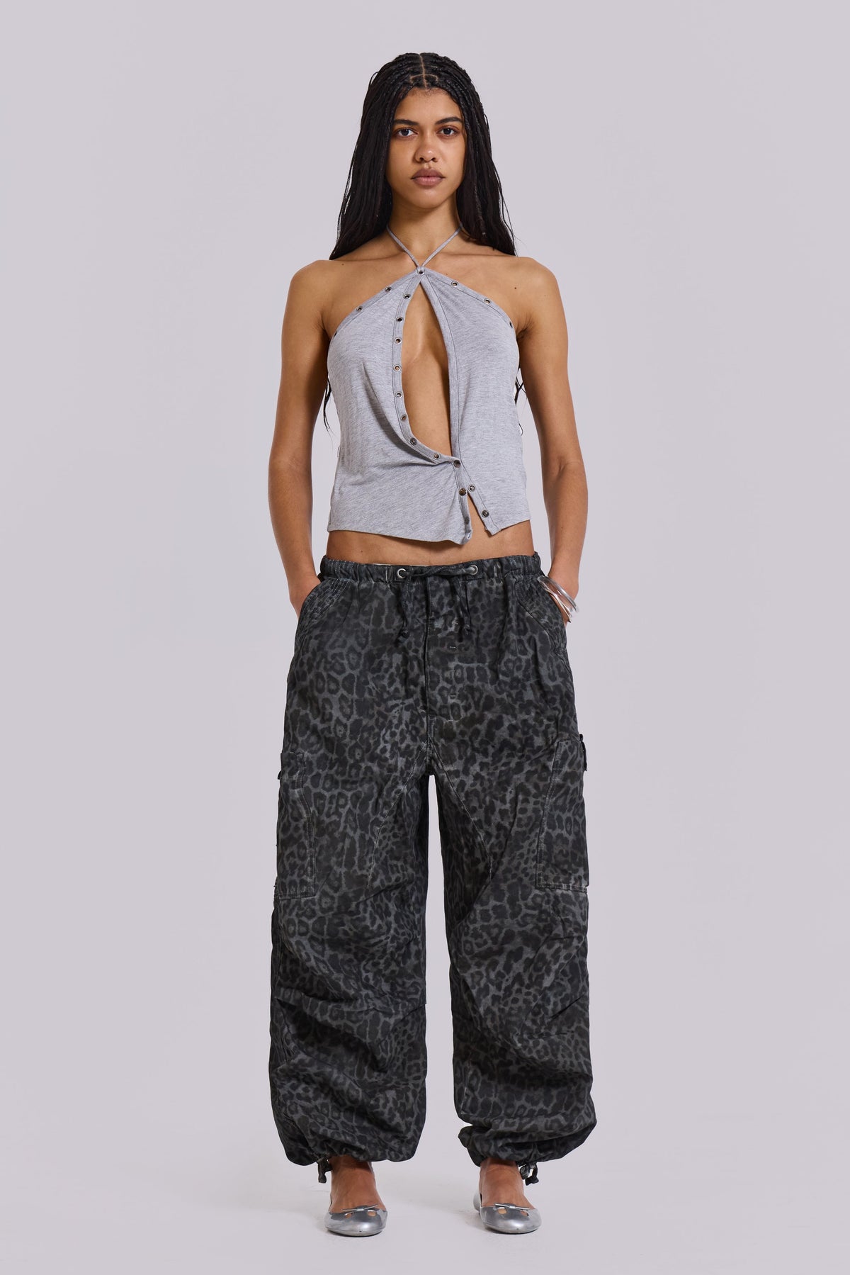 Charcoal Leopard Parachute Pants