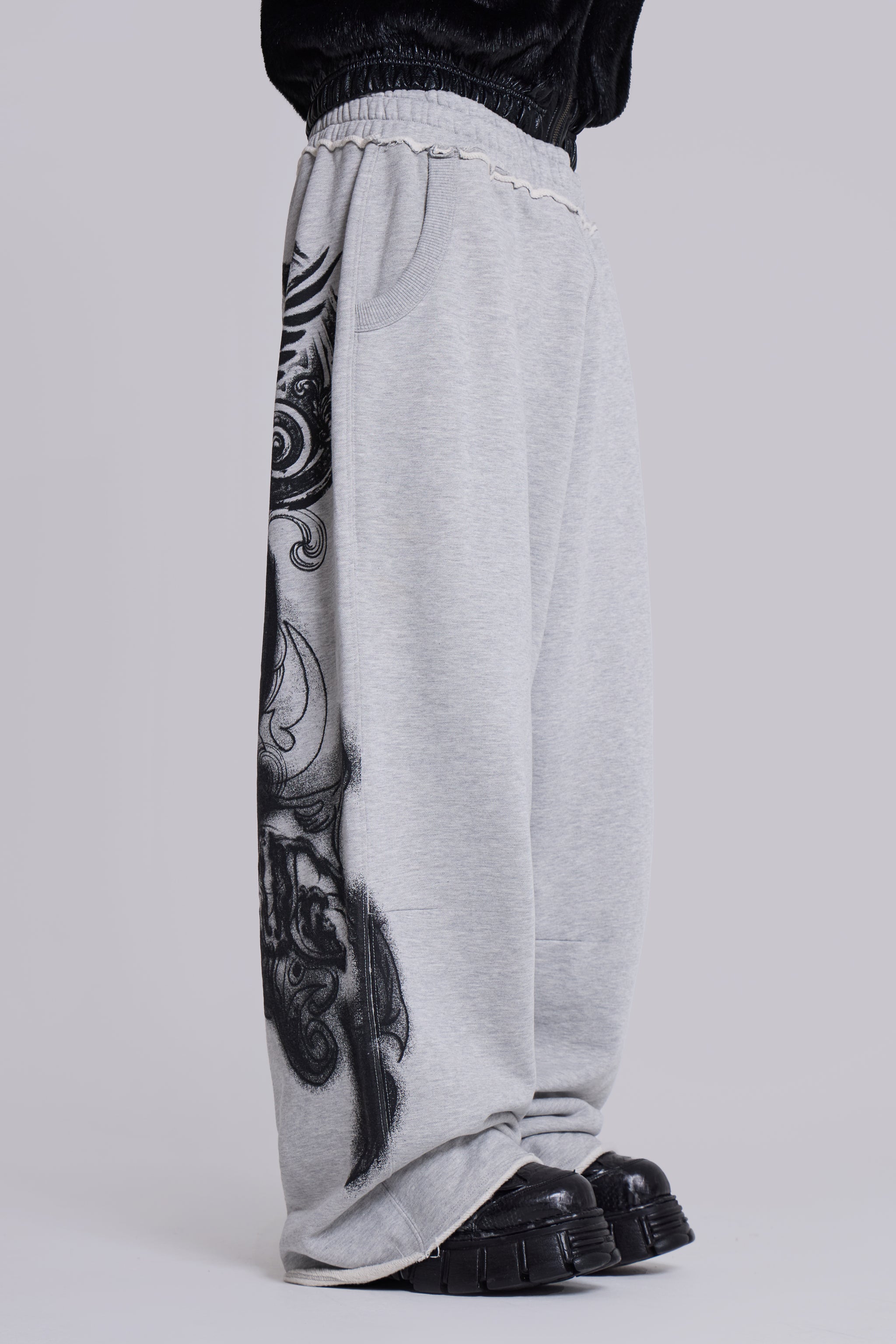 Grey Marl Gothic Print Baggy Monster Joggers