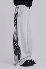 Grey Marl Gothic Print Baggy Monster Joggers