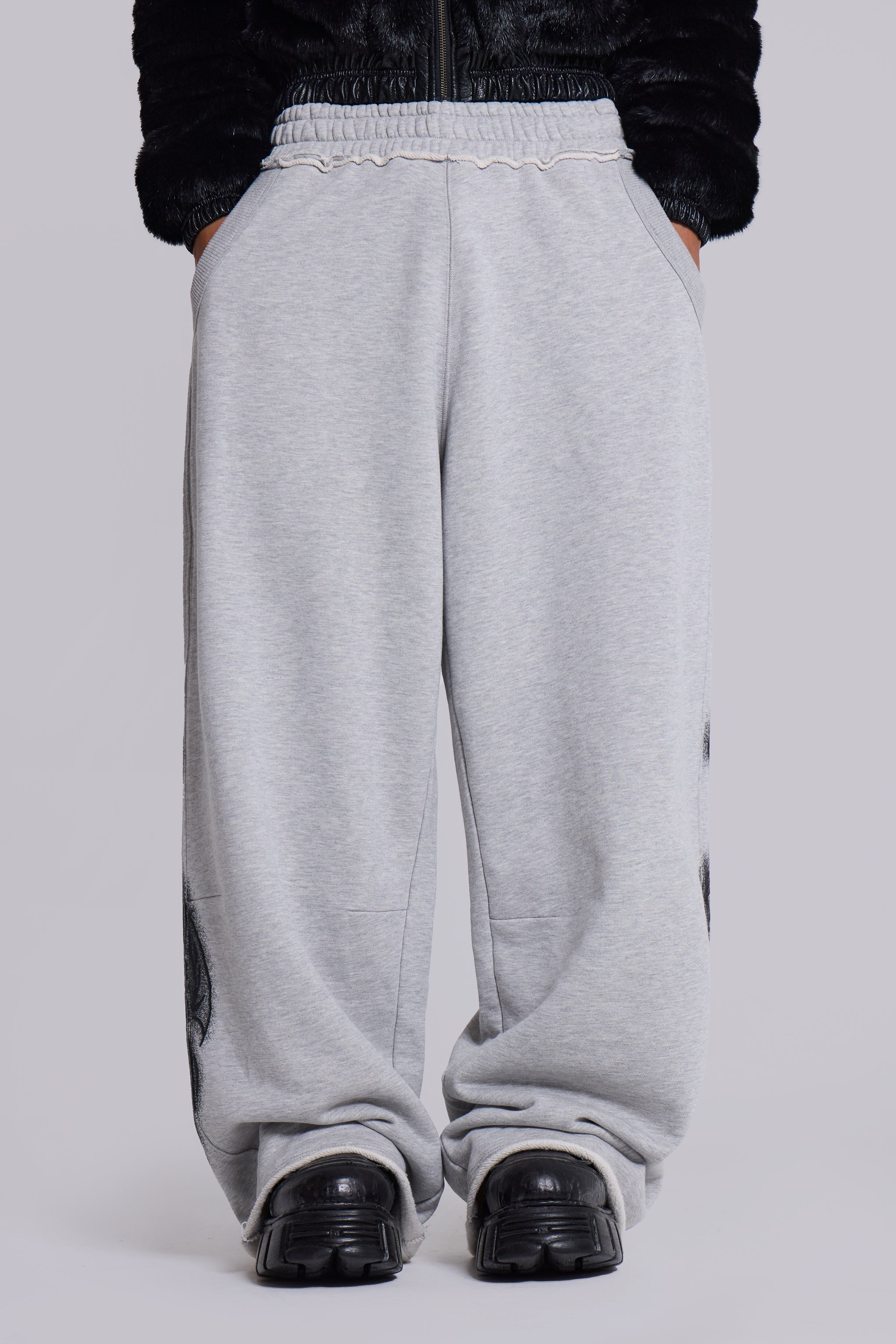 Grey Marl Gothic Print Baggy Monster Joggers