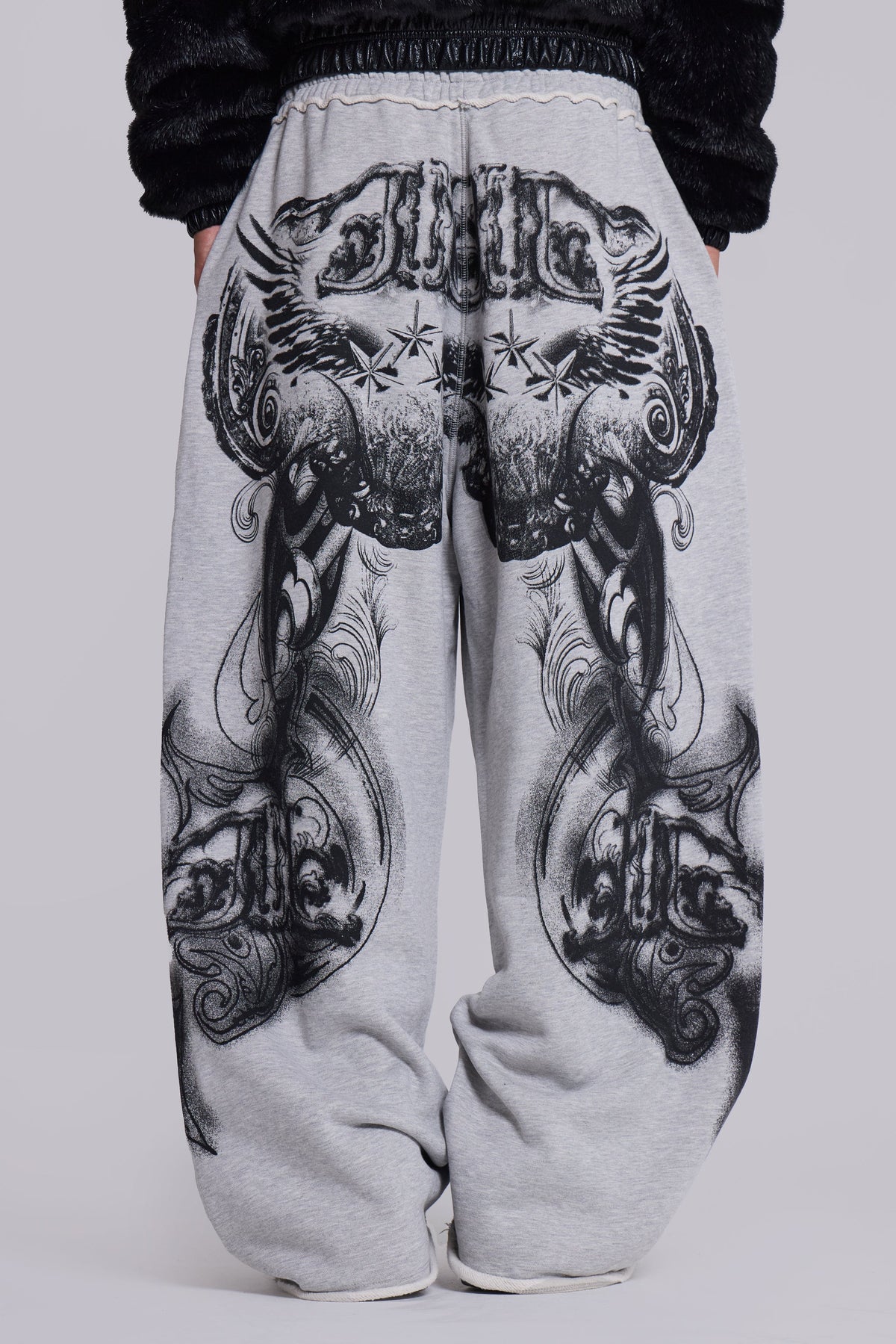 Grey Marl Gothic Print Baggy Monster Joggers