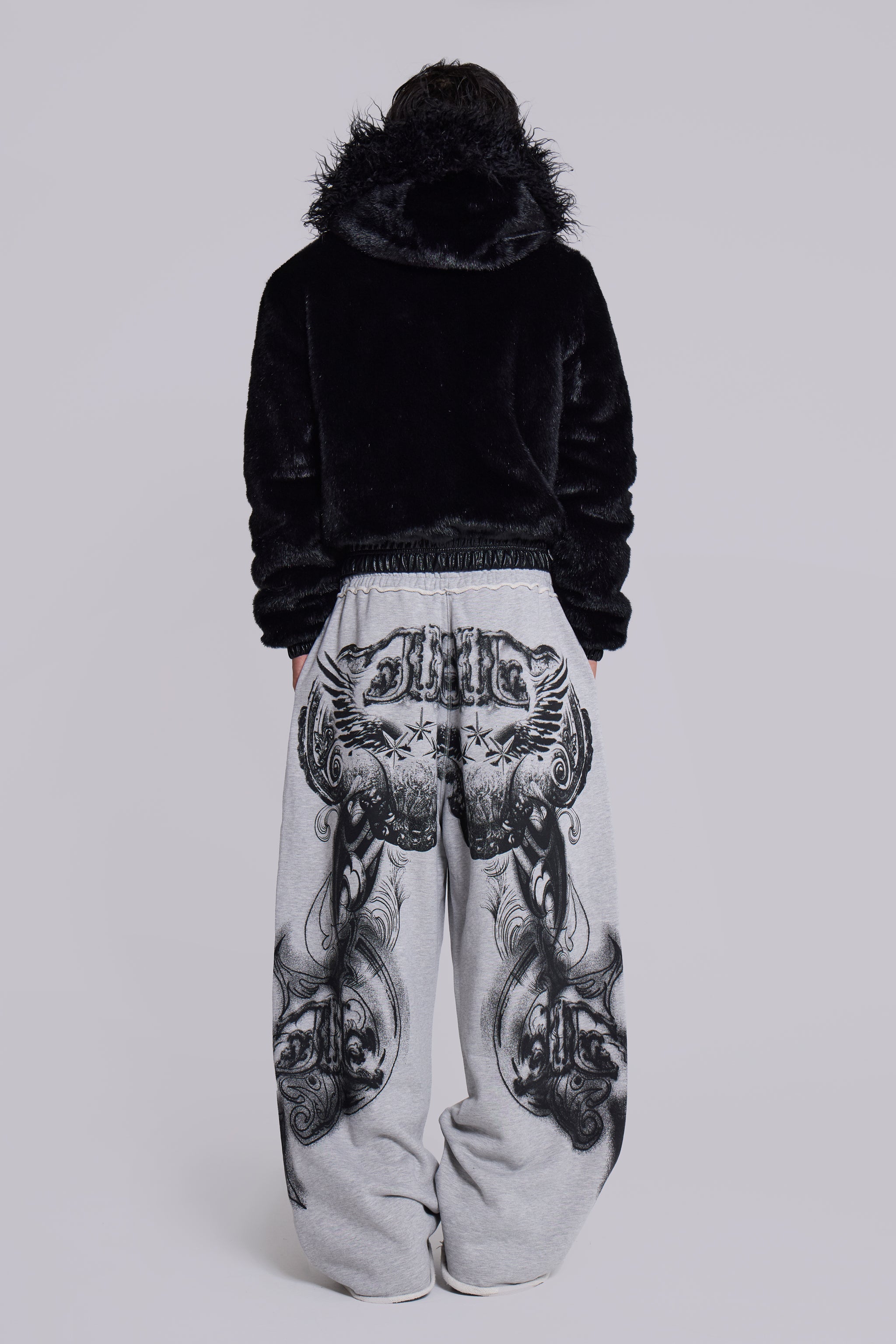 Grey Marl Gothic Print Baggy Monster Joggers