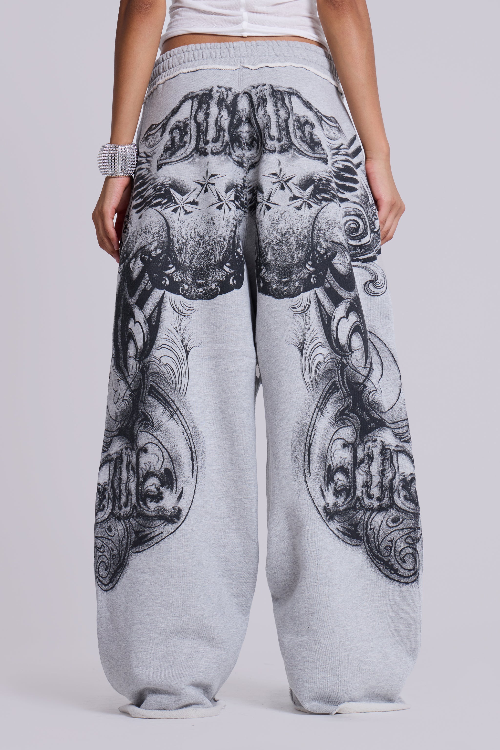 Grey Marl Gothic Print Baggy Monster Joggers