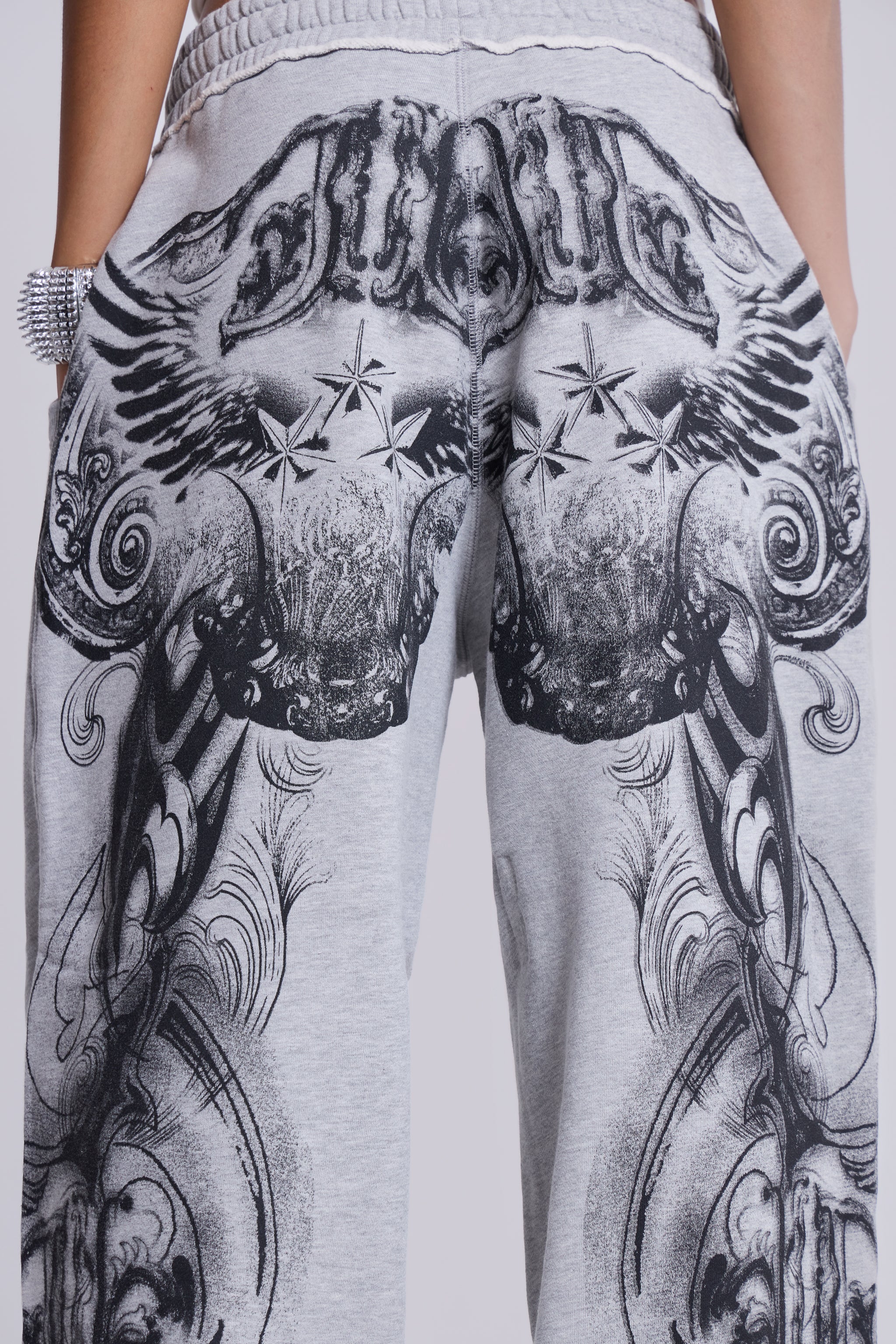 Grey Marl Gothic Print Baggy Monster Joggers
