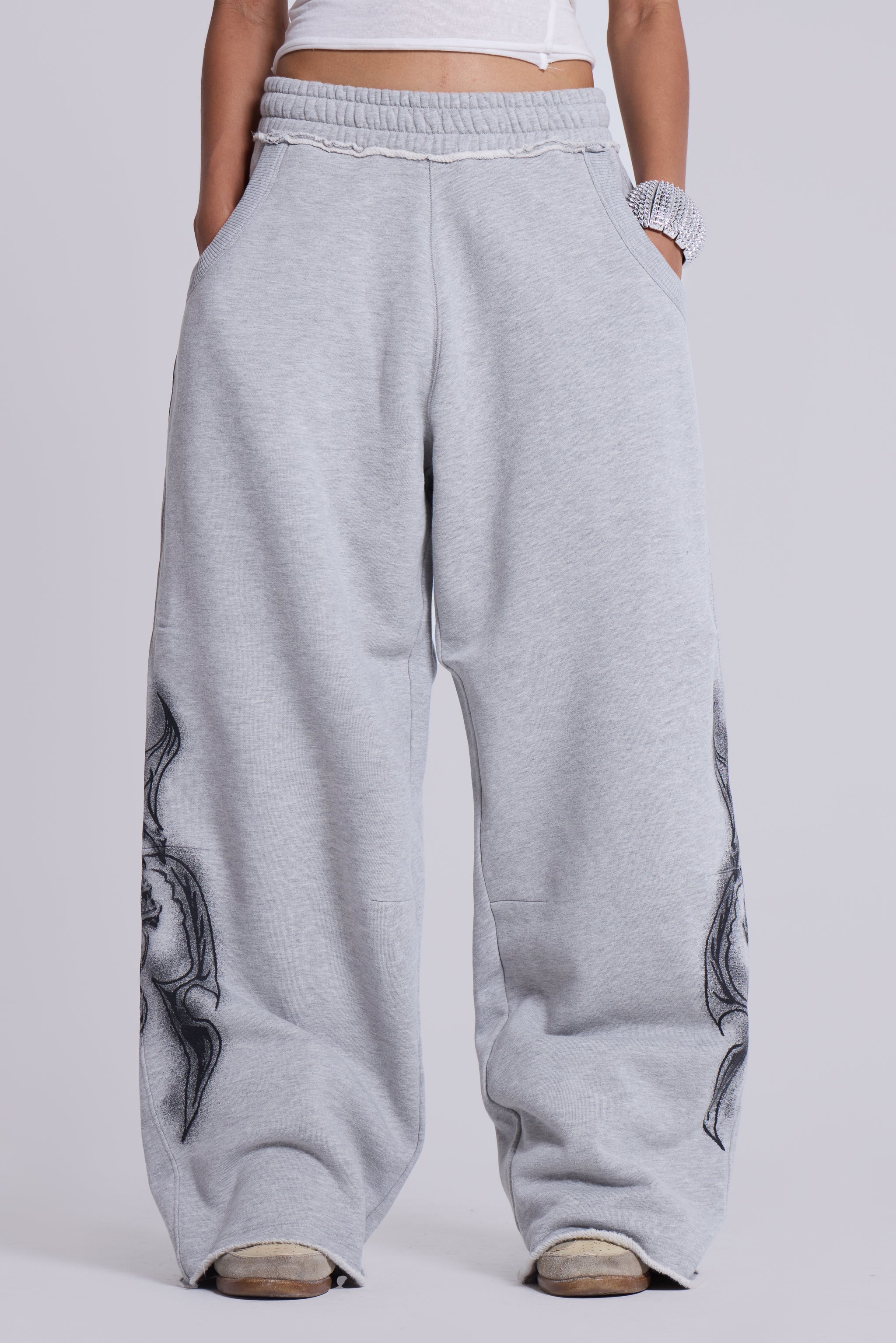 Grey Marl Gothic Print Baggy Monster Joggers