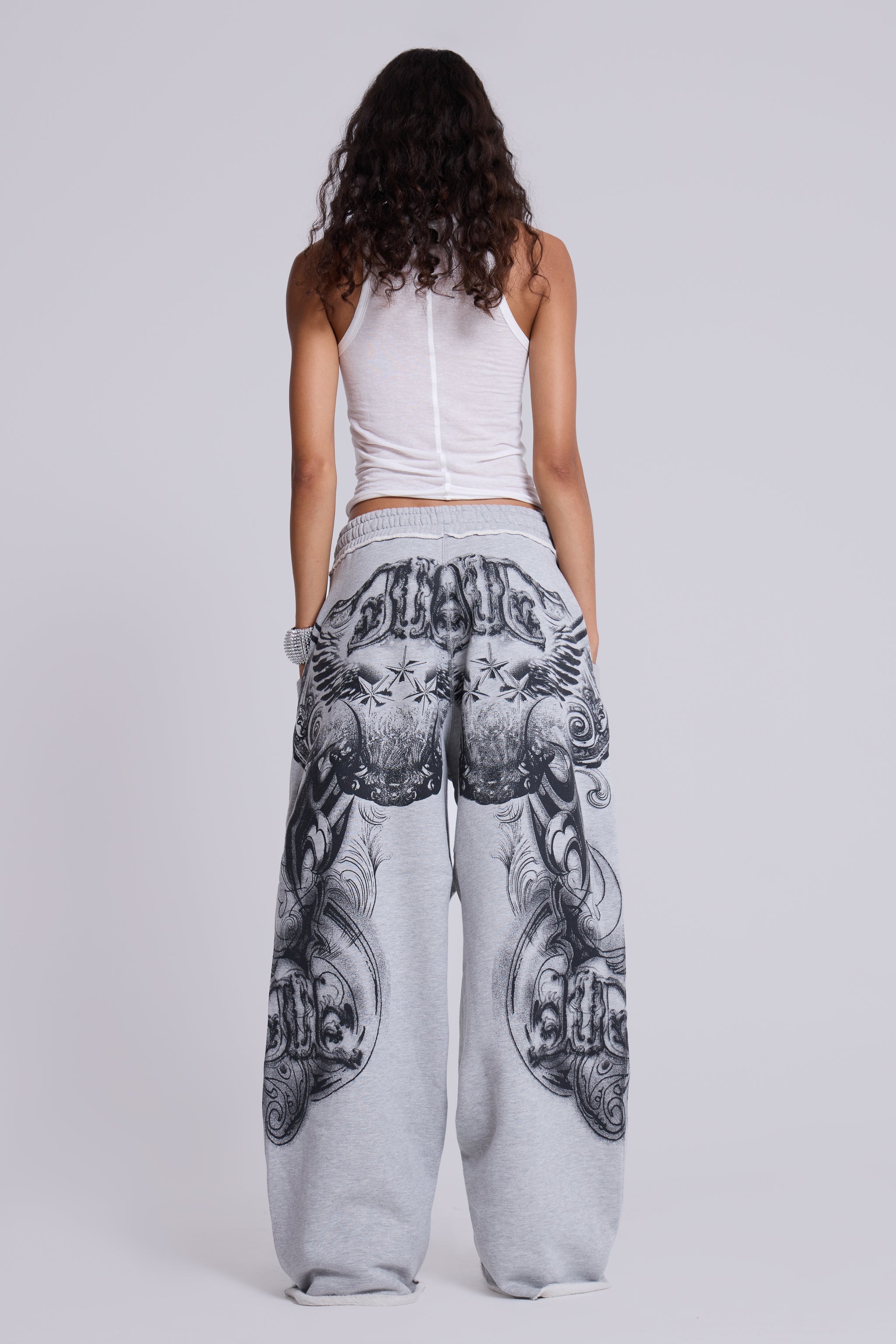Grey Marl Gothic Print Baggy Monster Joggers