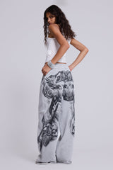 Grey Marl Gothic Print Baggy Monster Joggers