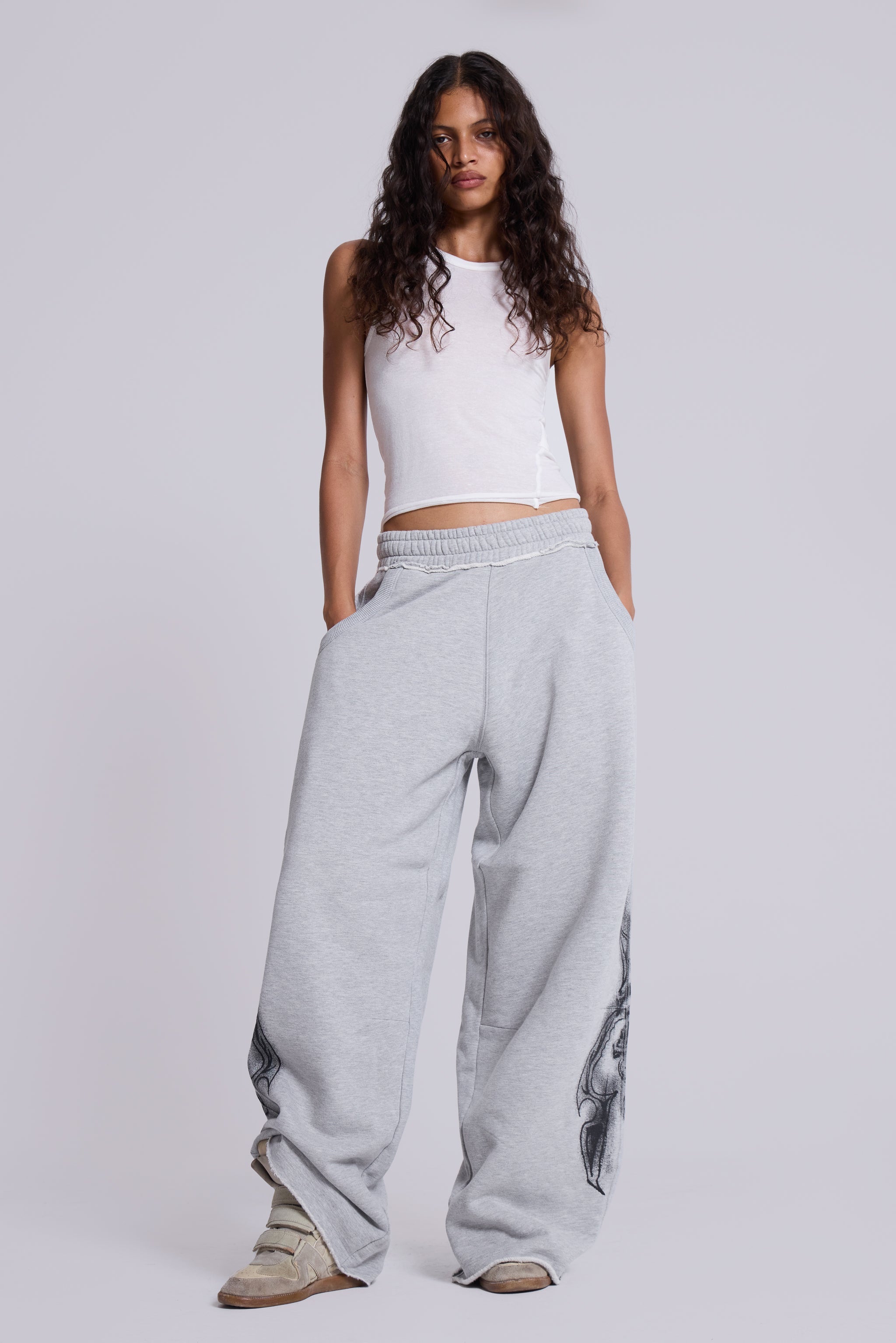 Grey Marl Gothic Print Baggy Monster Joggers