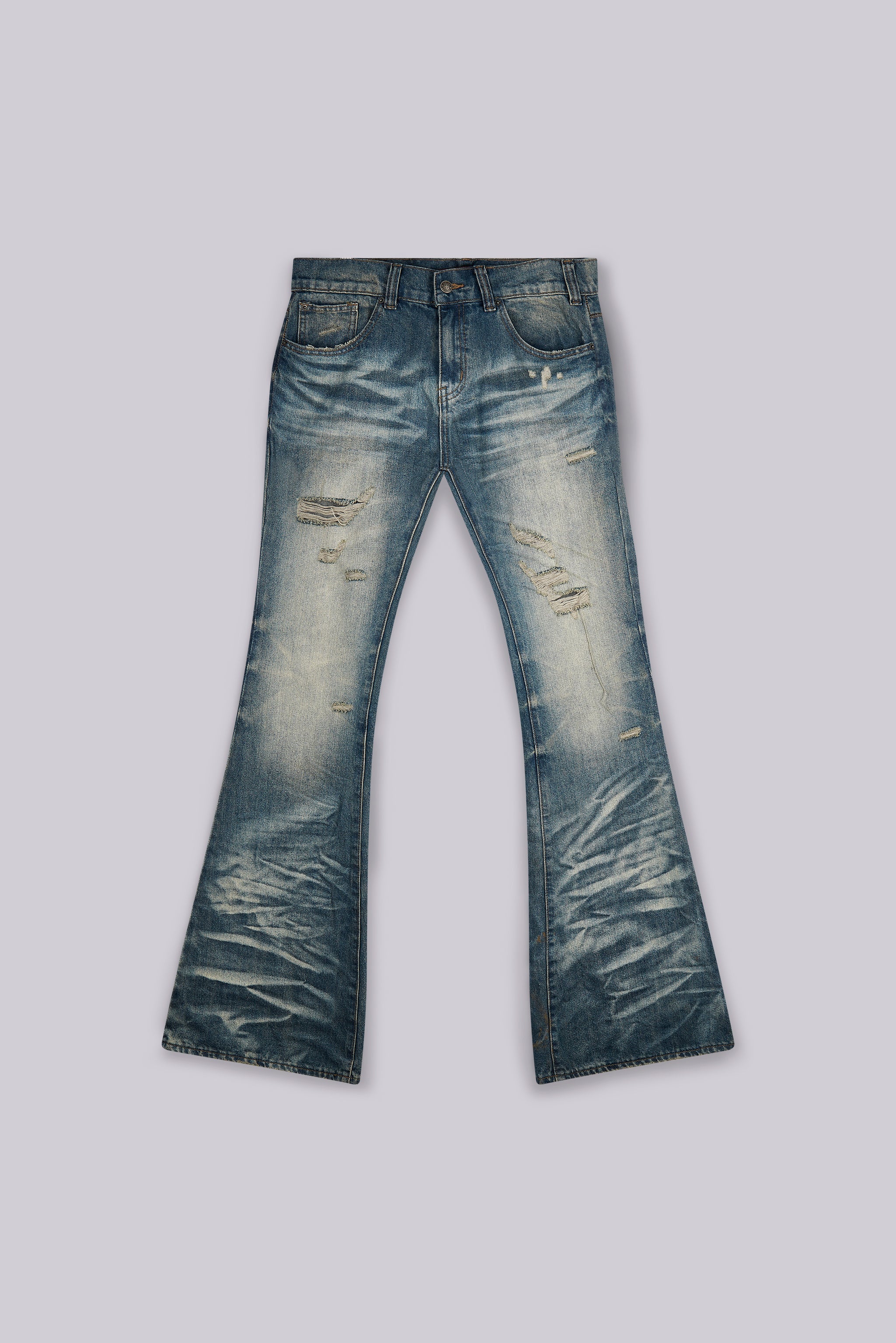 Mid Blue Distressed Creased Drift Flared Jeans