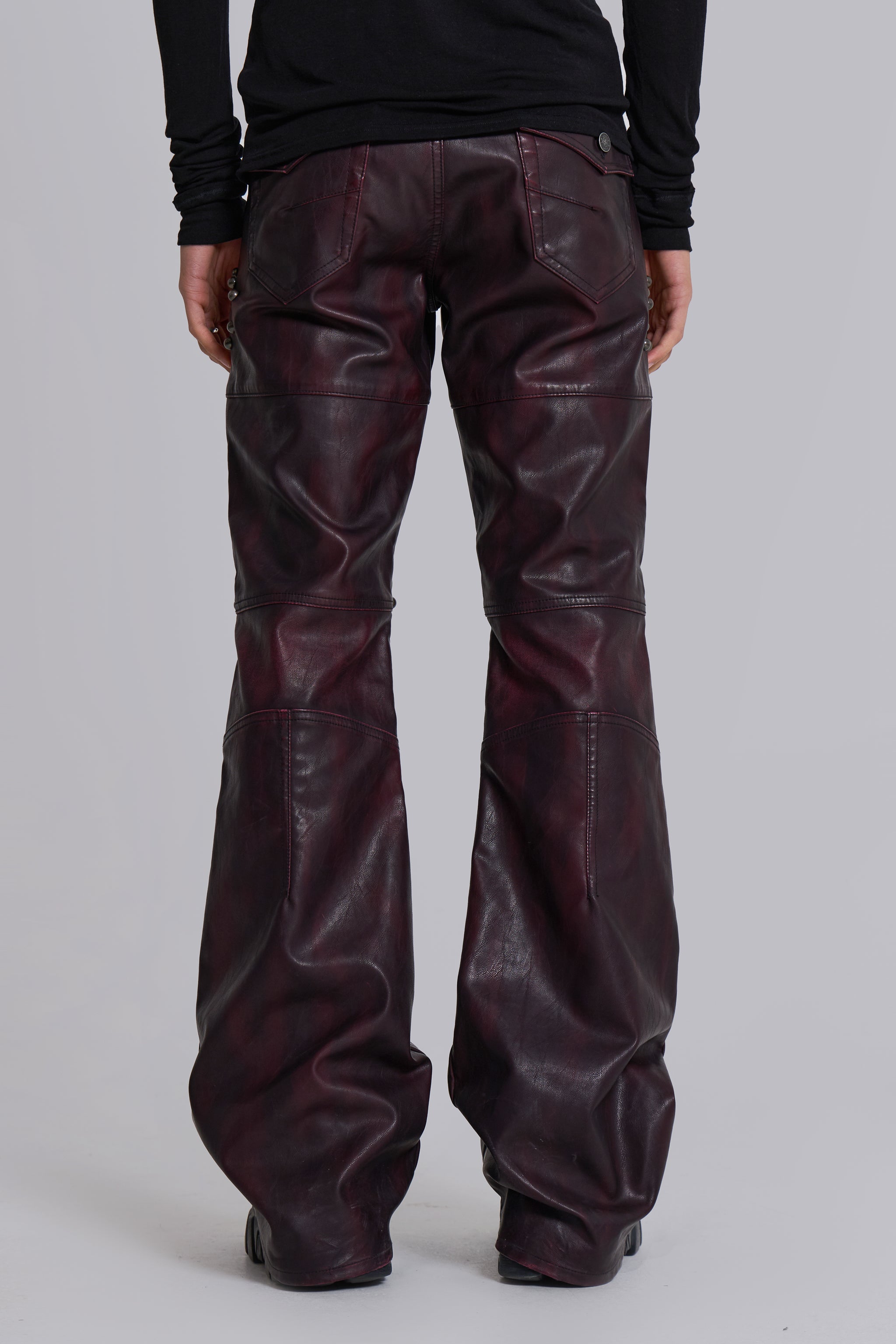 Burgundy Studded Faux Leather Drift Trousers