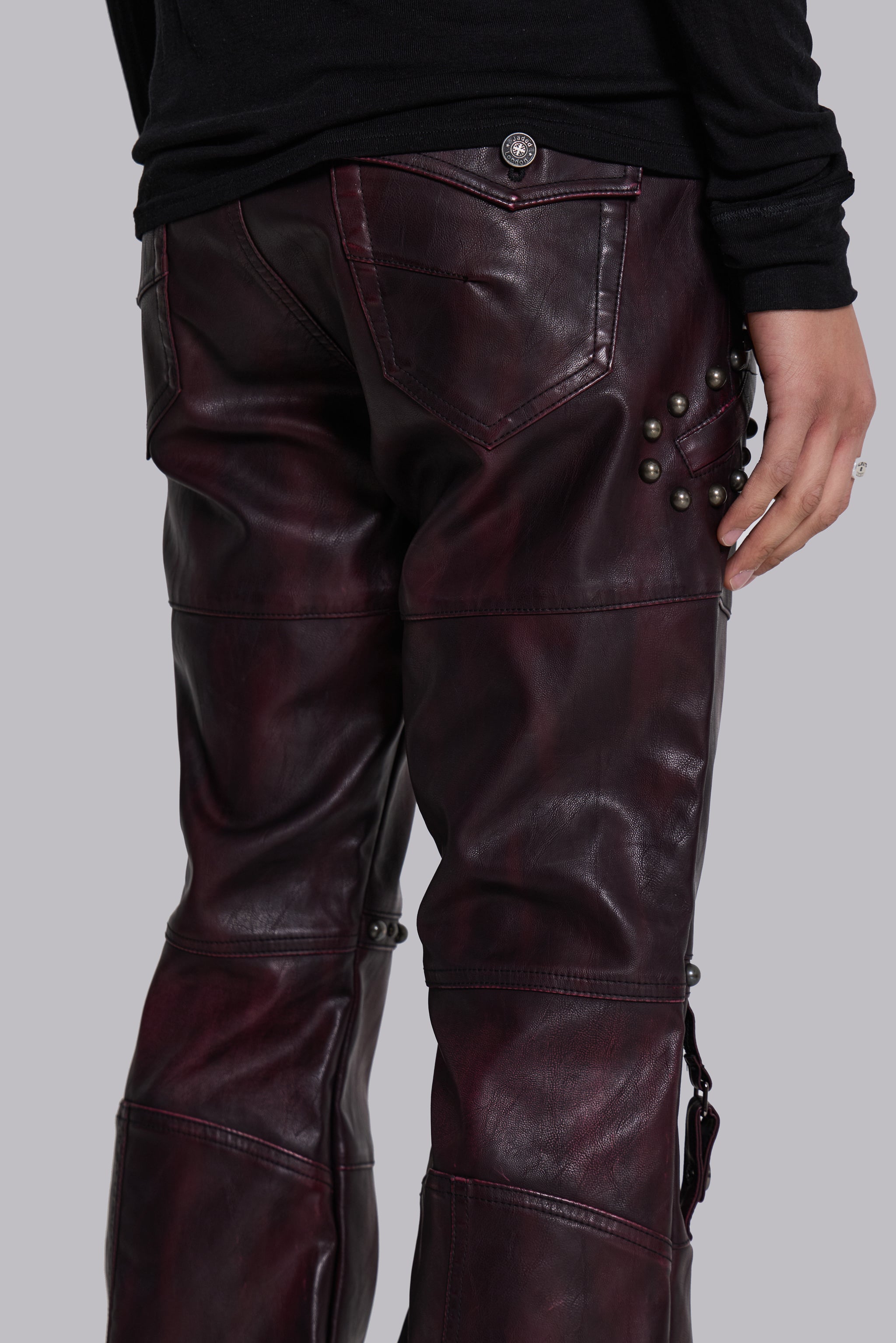 Burgundy Studded Faux Leather Drift Trousers