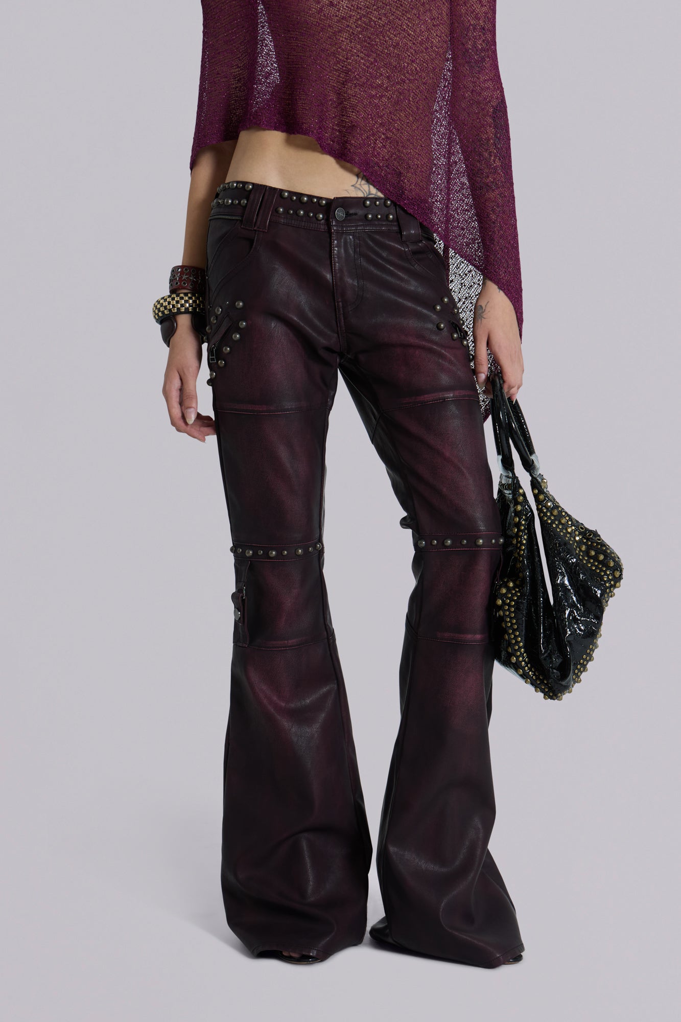Burgundy Studded Faux Leather Drift Trousers