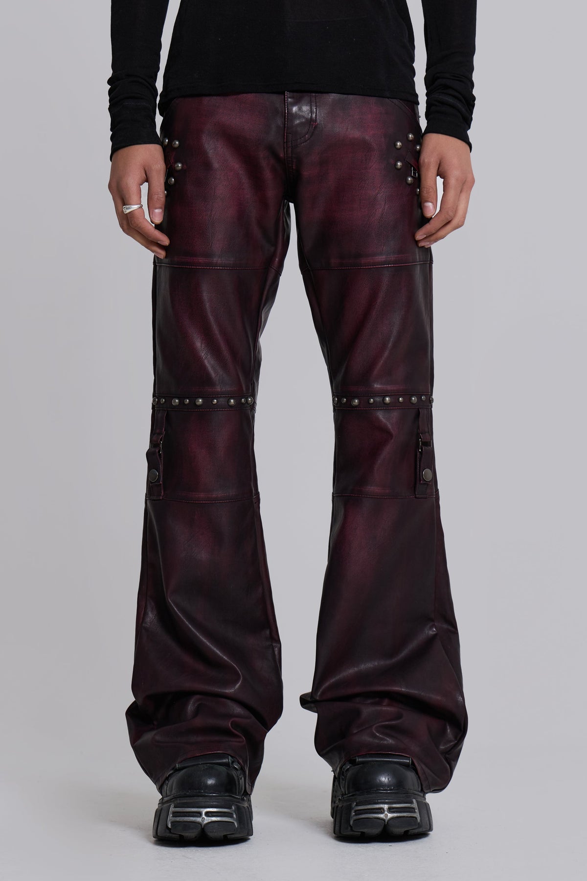 Burgundy Studded Faux Leather Drift Trousers