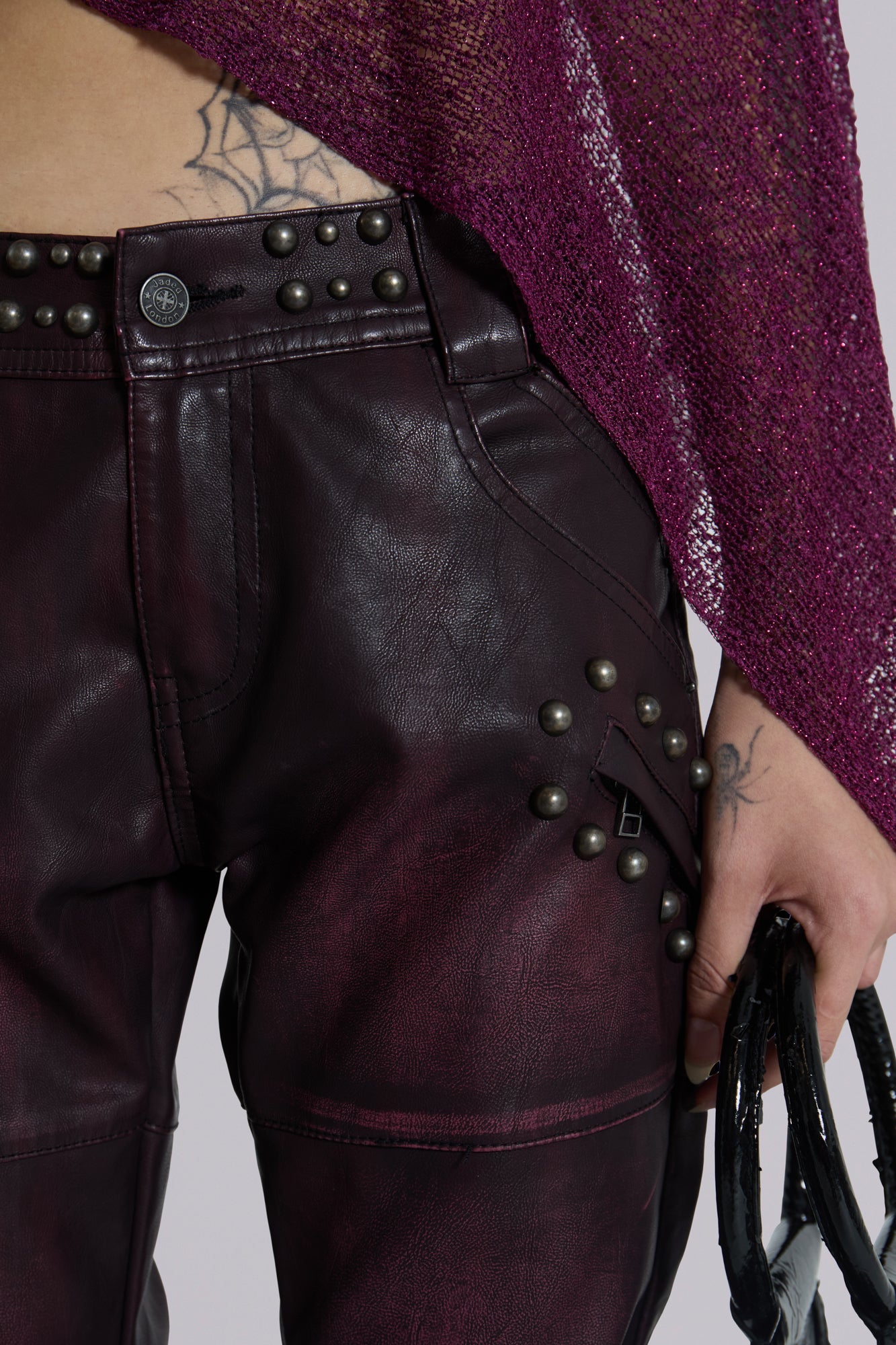 Burgundy Studded Faux Leather Drift Trousers