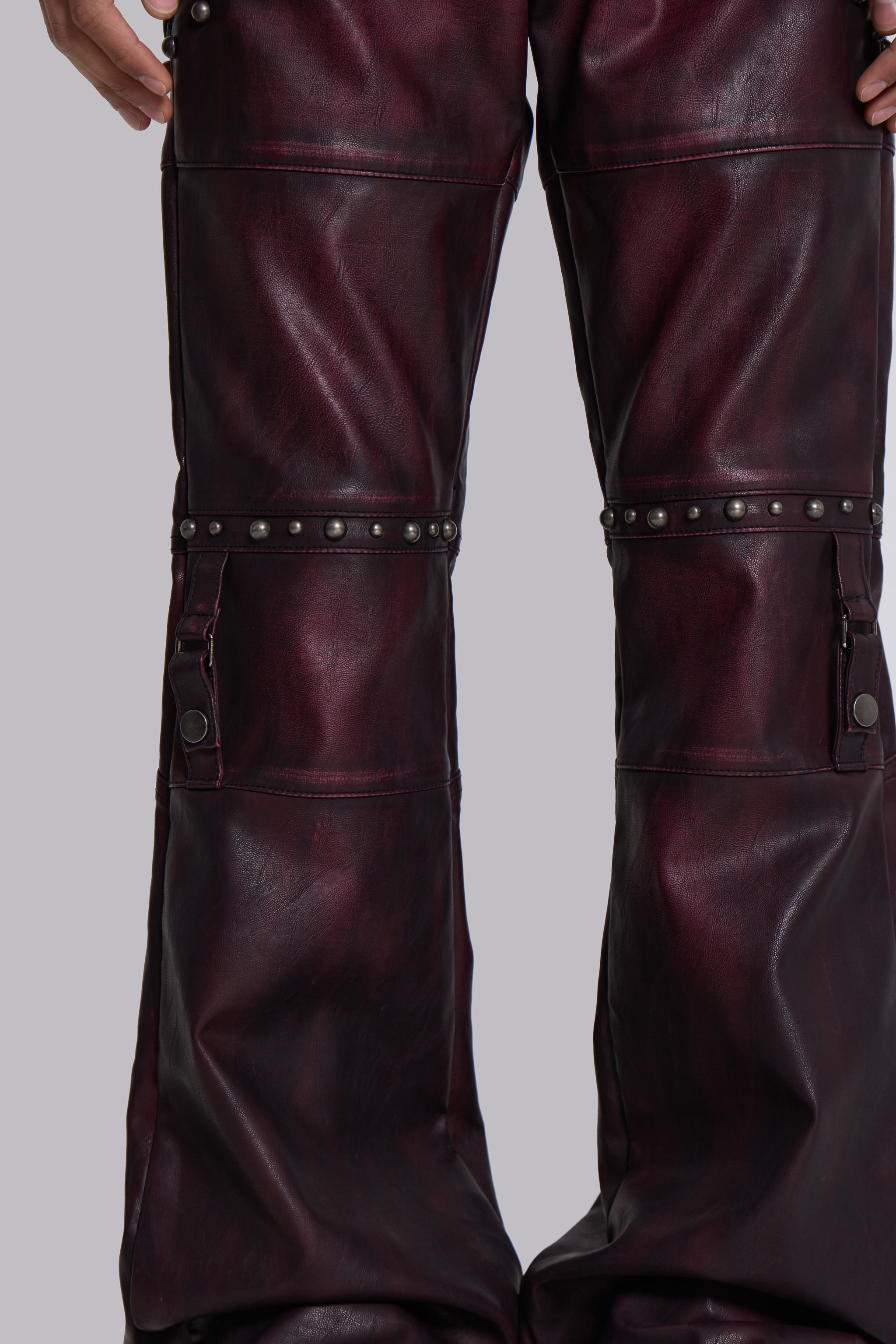 Burgundy Studded Faux Leather Drift Trousers