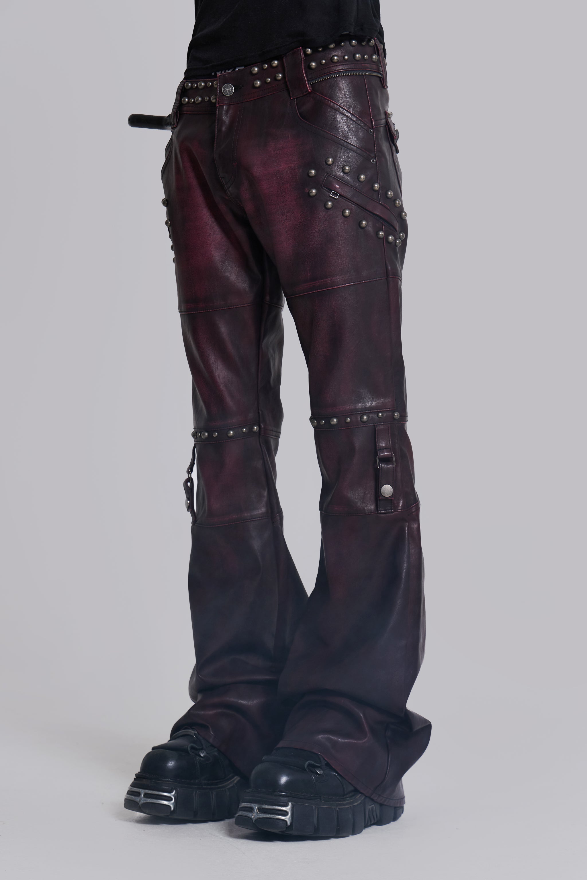 Burgundy Studded Faux Leather Drift Trousers
