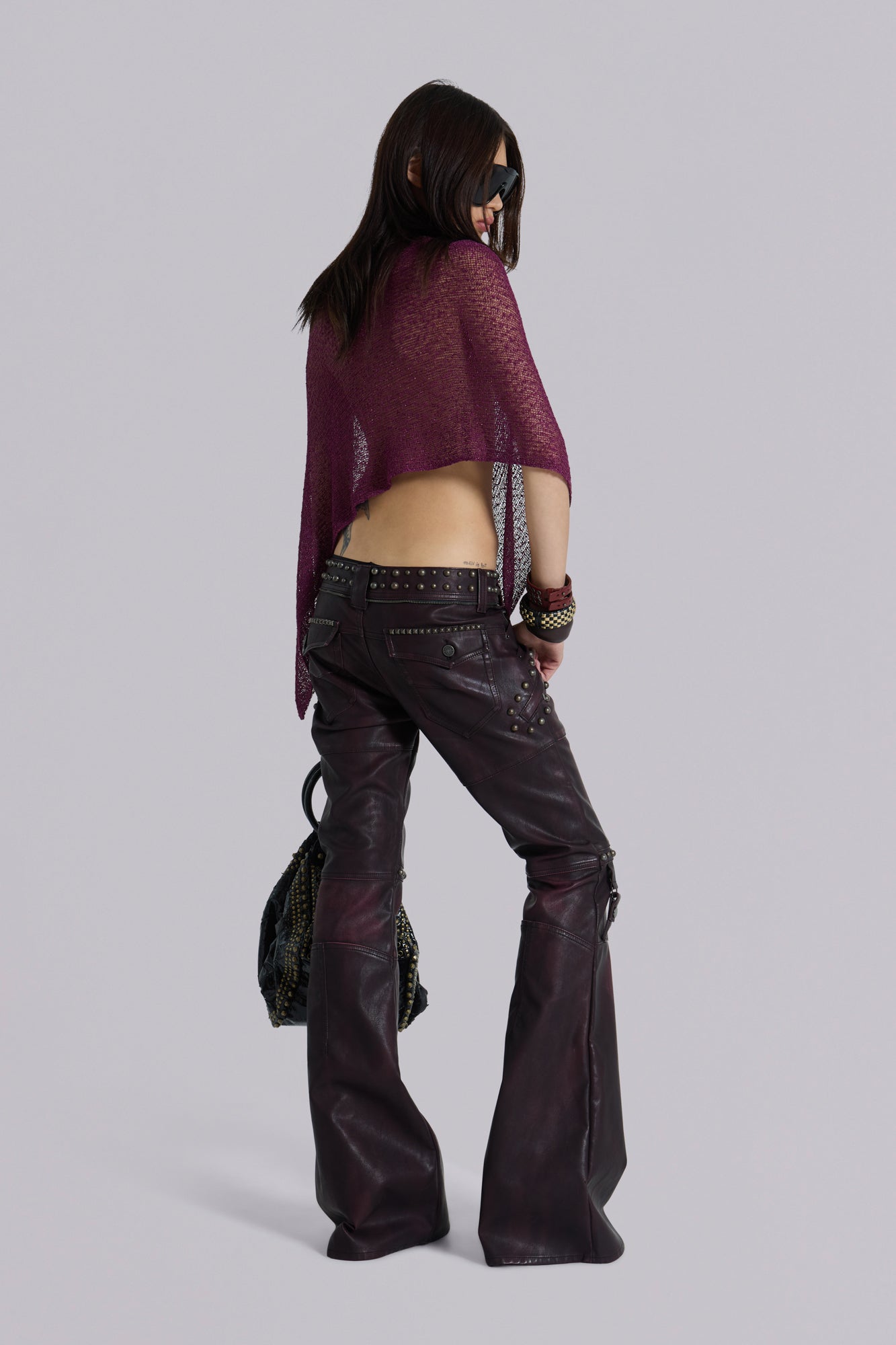 Burgundy Studded Faux Leather Drift Trousers