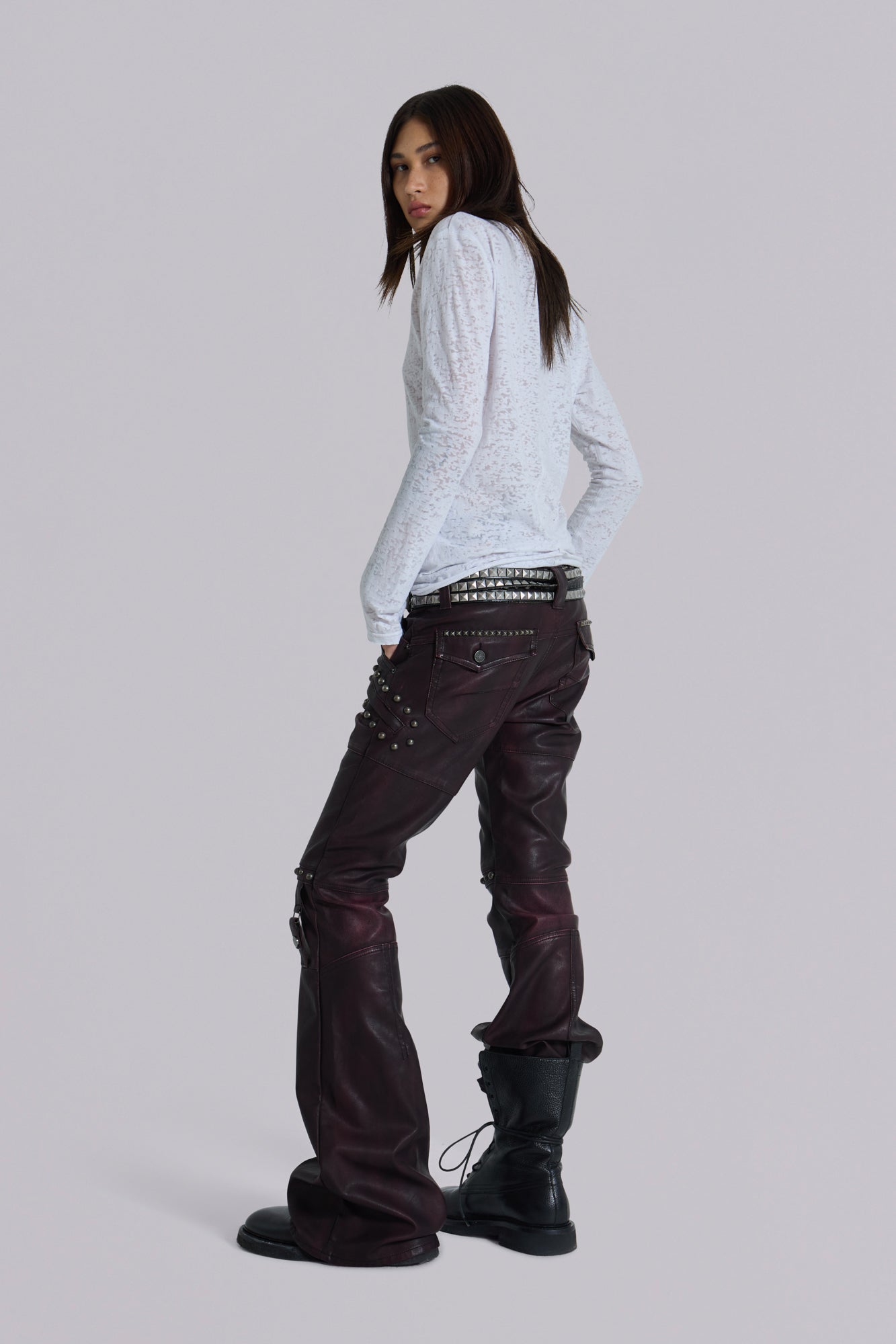 Burgundy Studded Faux Leather Drift Trousers
