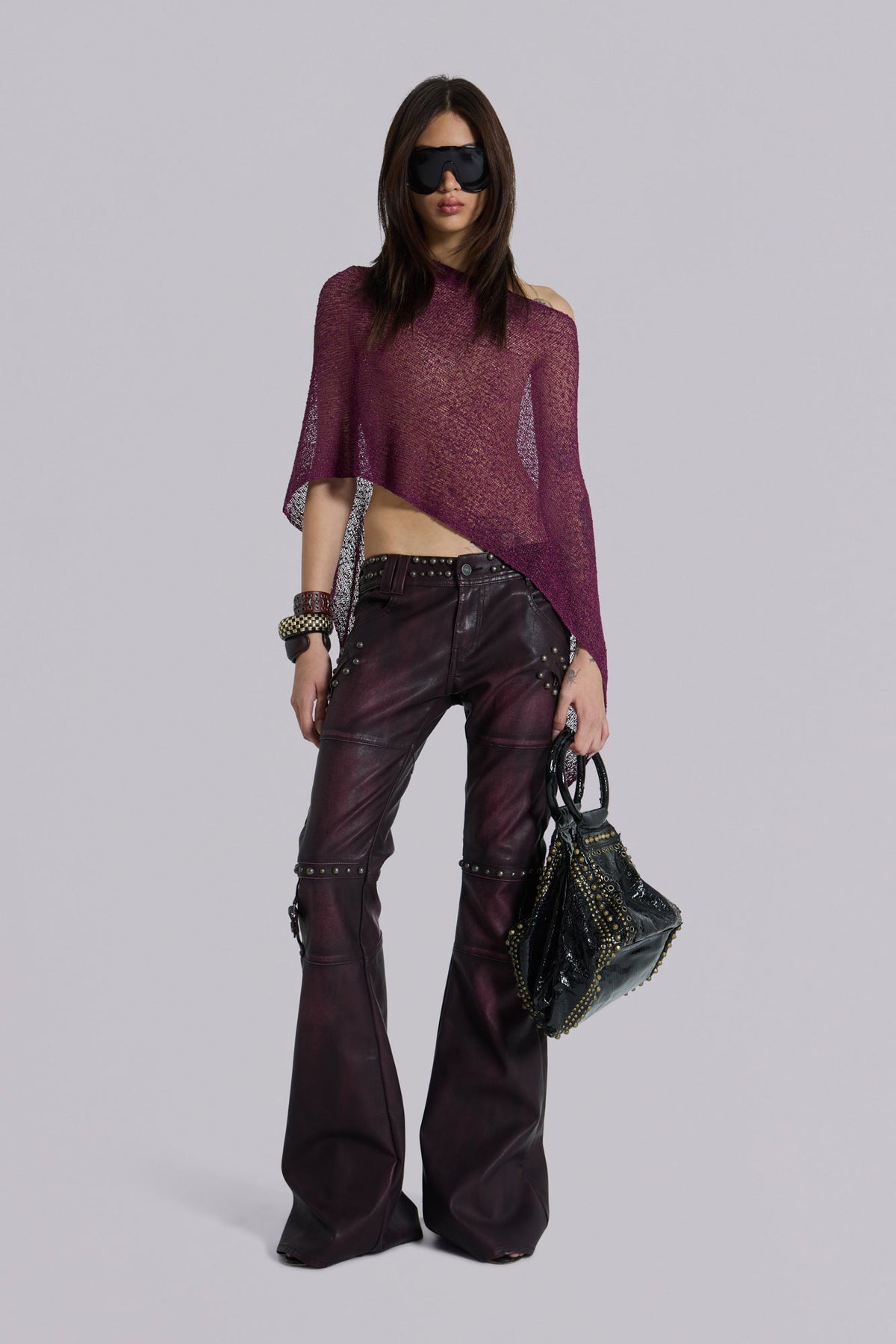 Burgundy Studded Faux Leather Drift Trousers