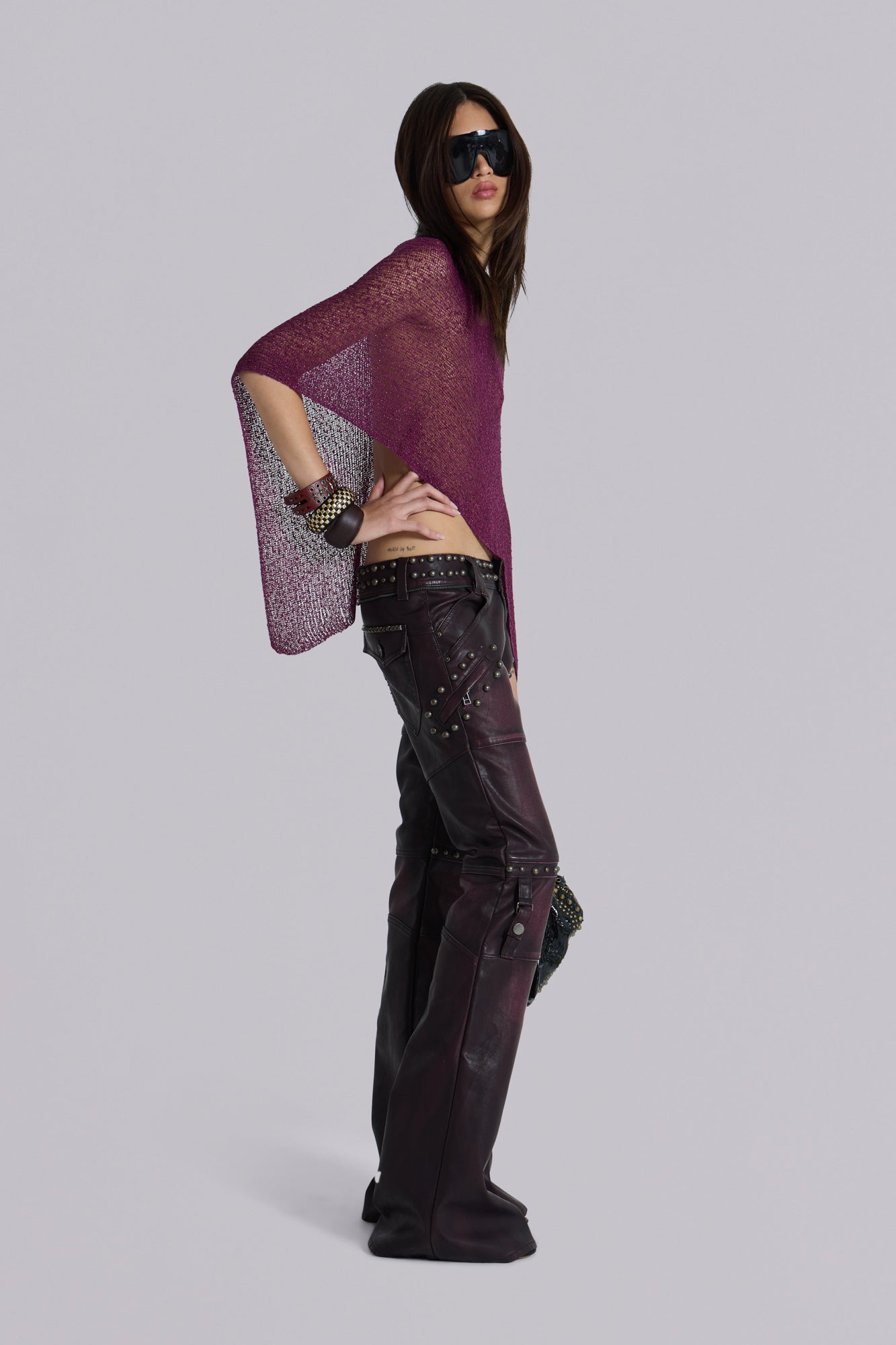 Burgundy Studded Faux Leather Drift Trousers