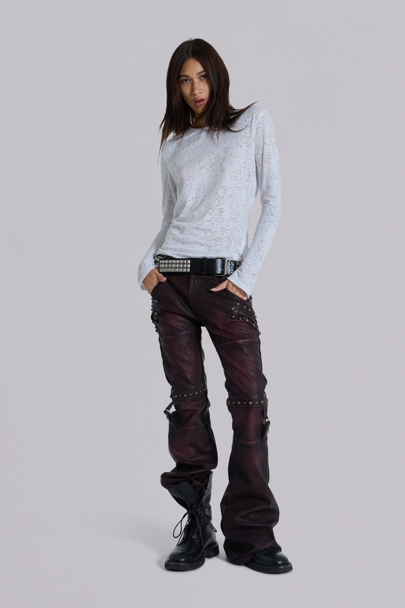 Burgundy Studded Faux Leather Drift Trousers