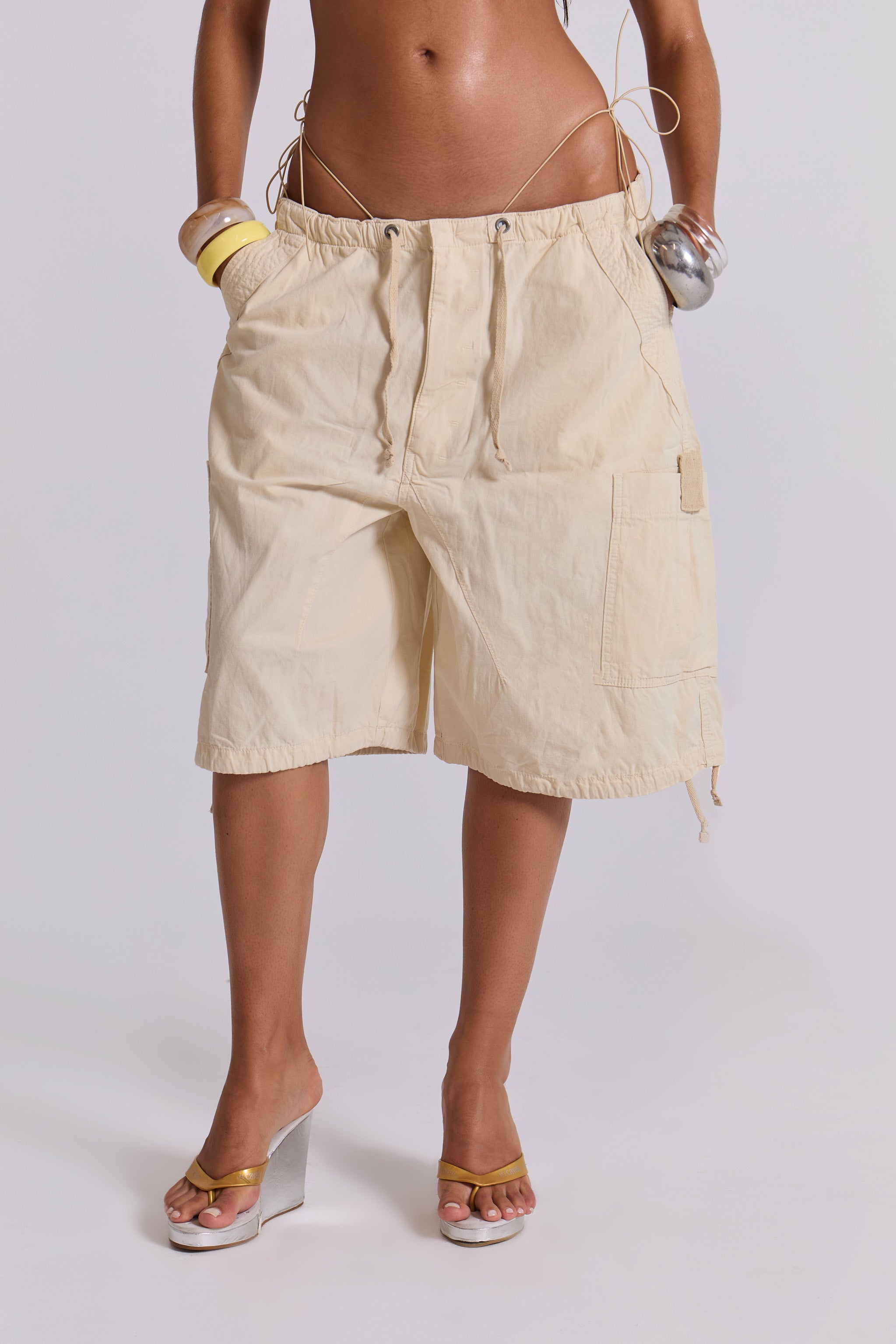 Ecru Parachute Cargo Shorts