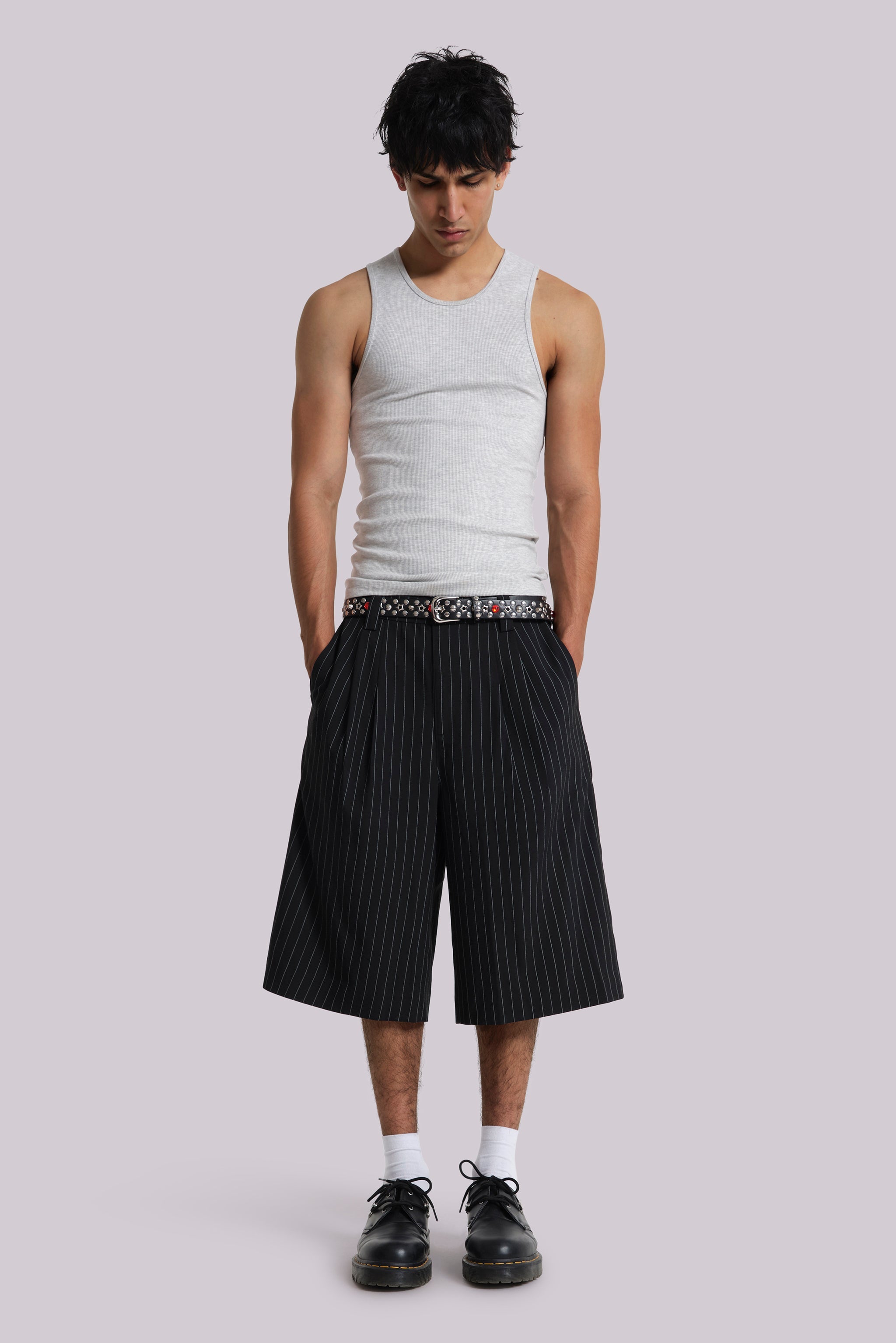 Black Pinstripe Goliath Baggy Shorts
