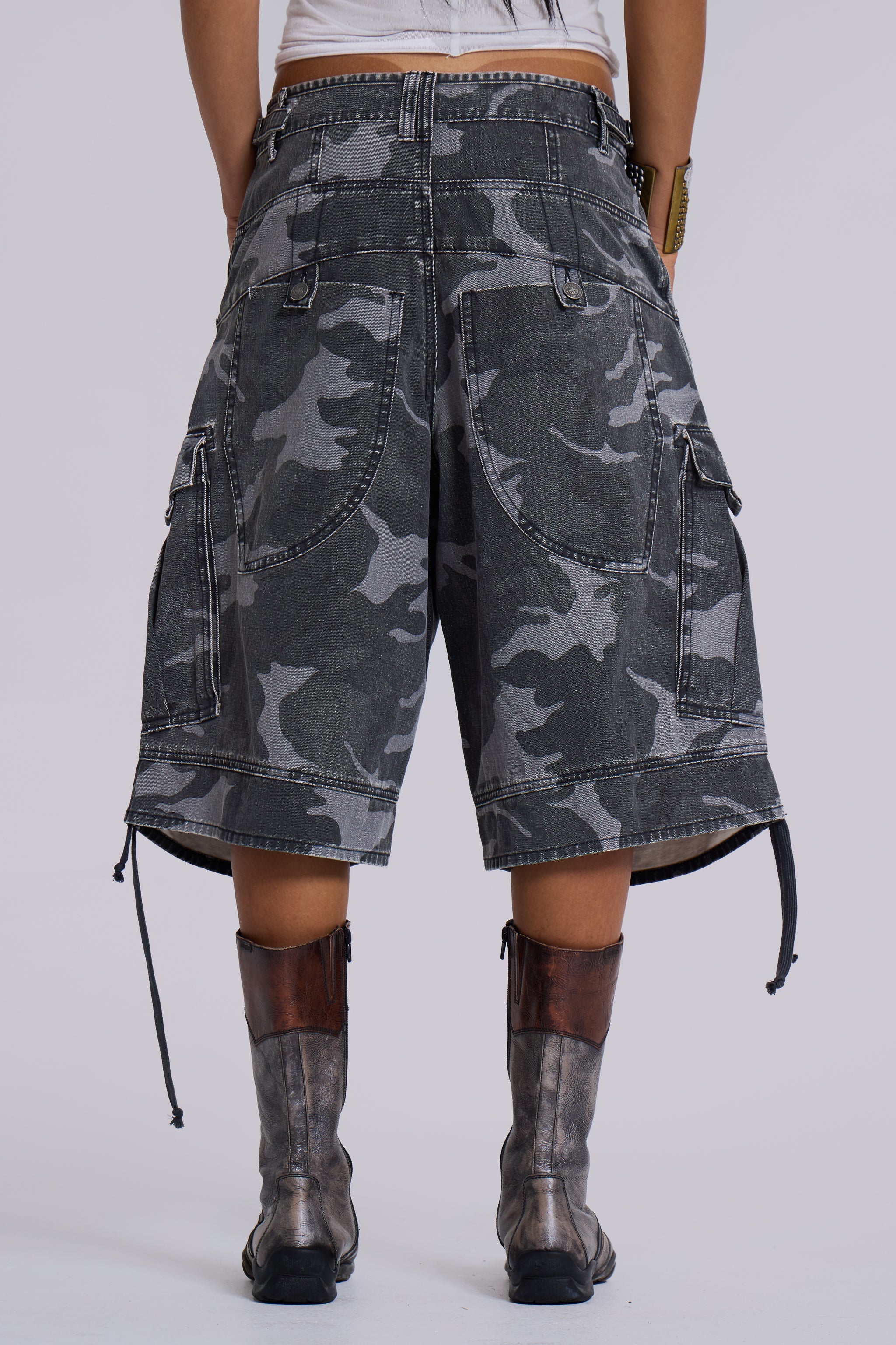 Washed Black Cadet Camo Baggy Shorts