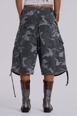 Washed Black Cadet Camo Baggy Shorts