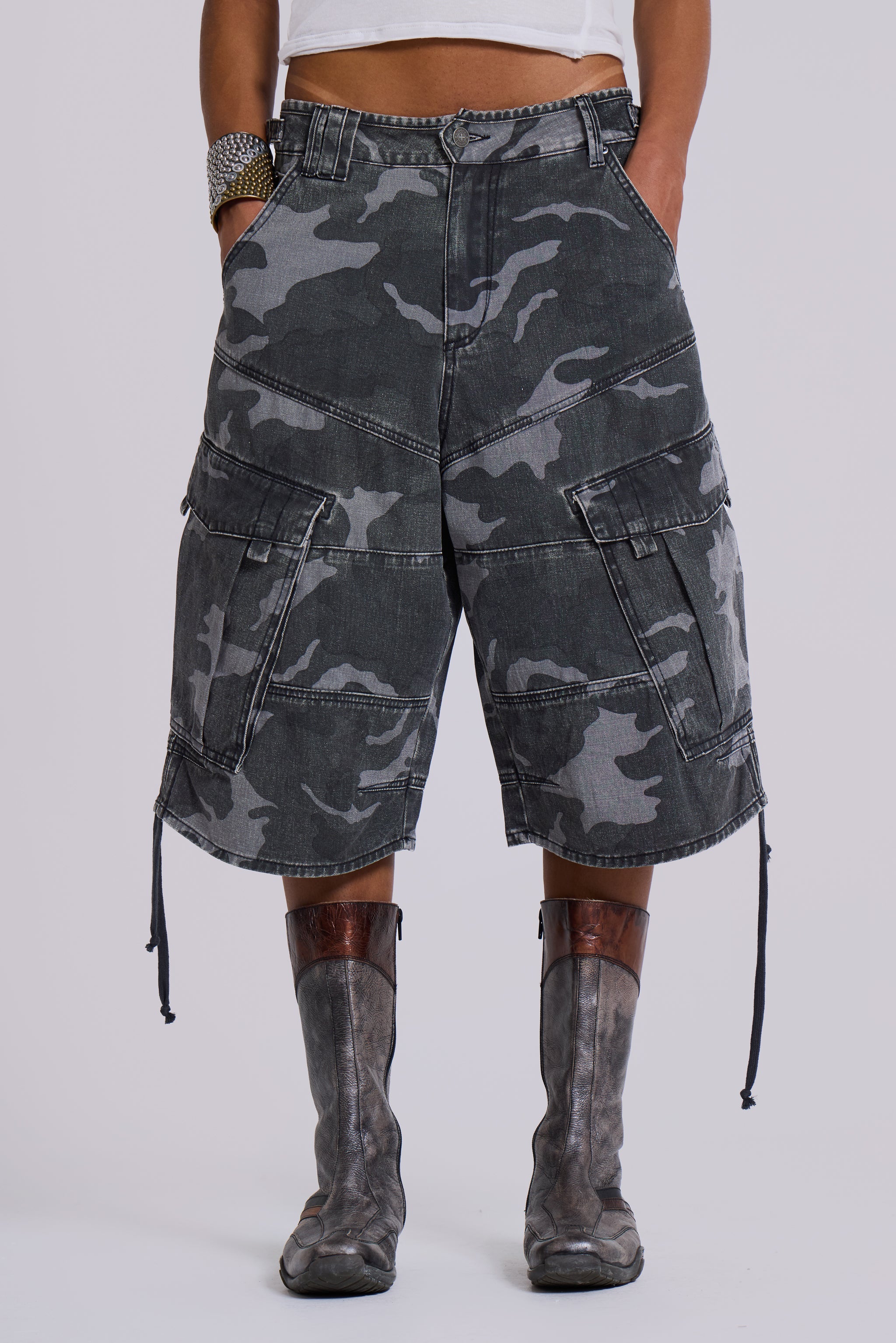 Washed Black Cadet Camo Baggy Shorts