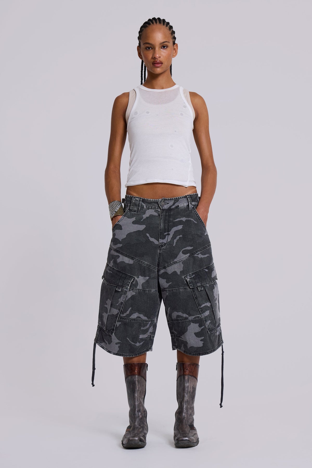 Washed Black Cadet Camo Baggy Shorts