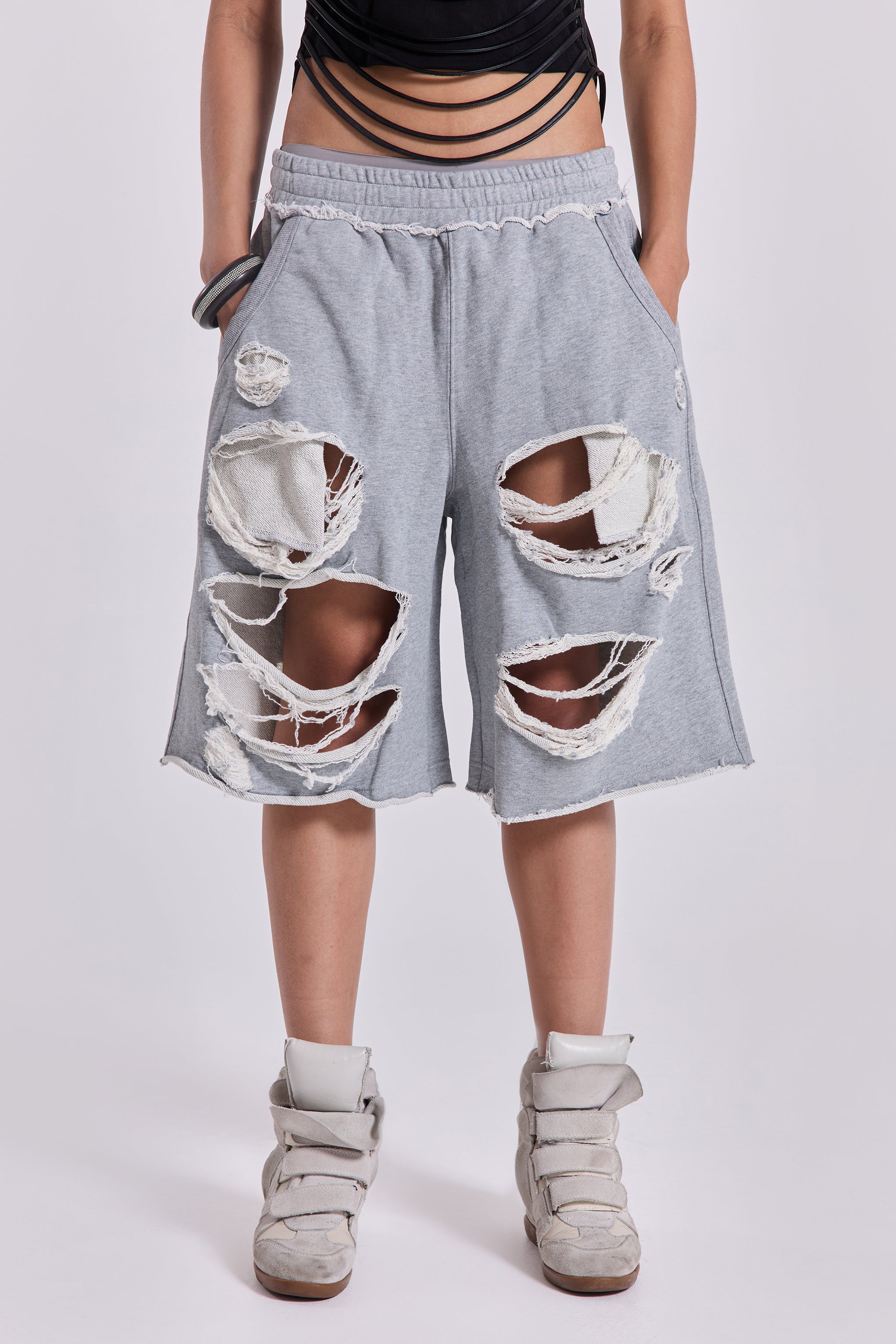Grey Distressed Monster Shorts