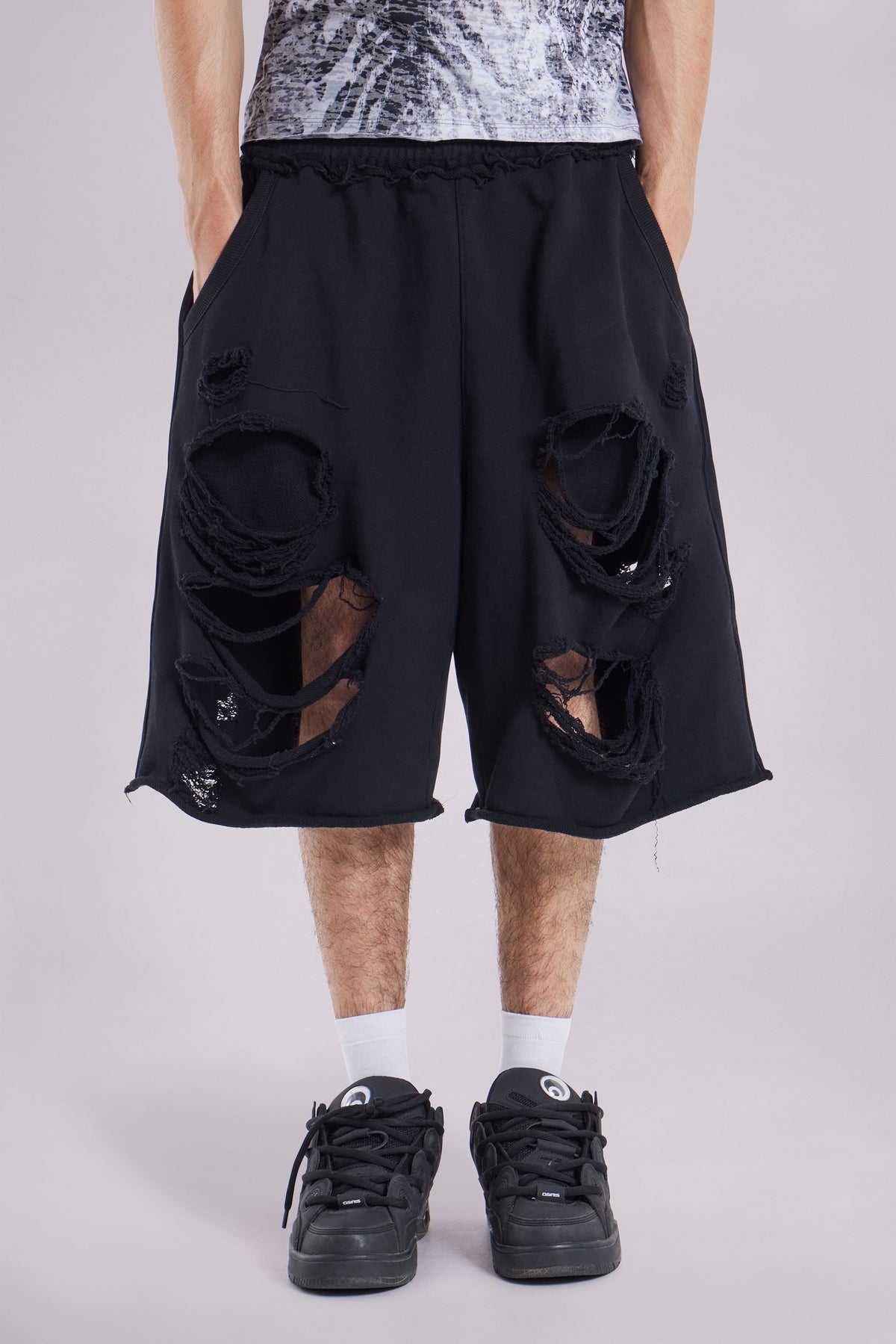 Black Distressed Monster Shorts
