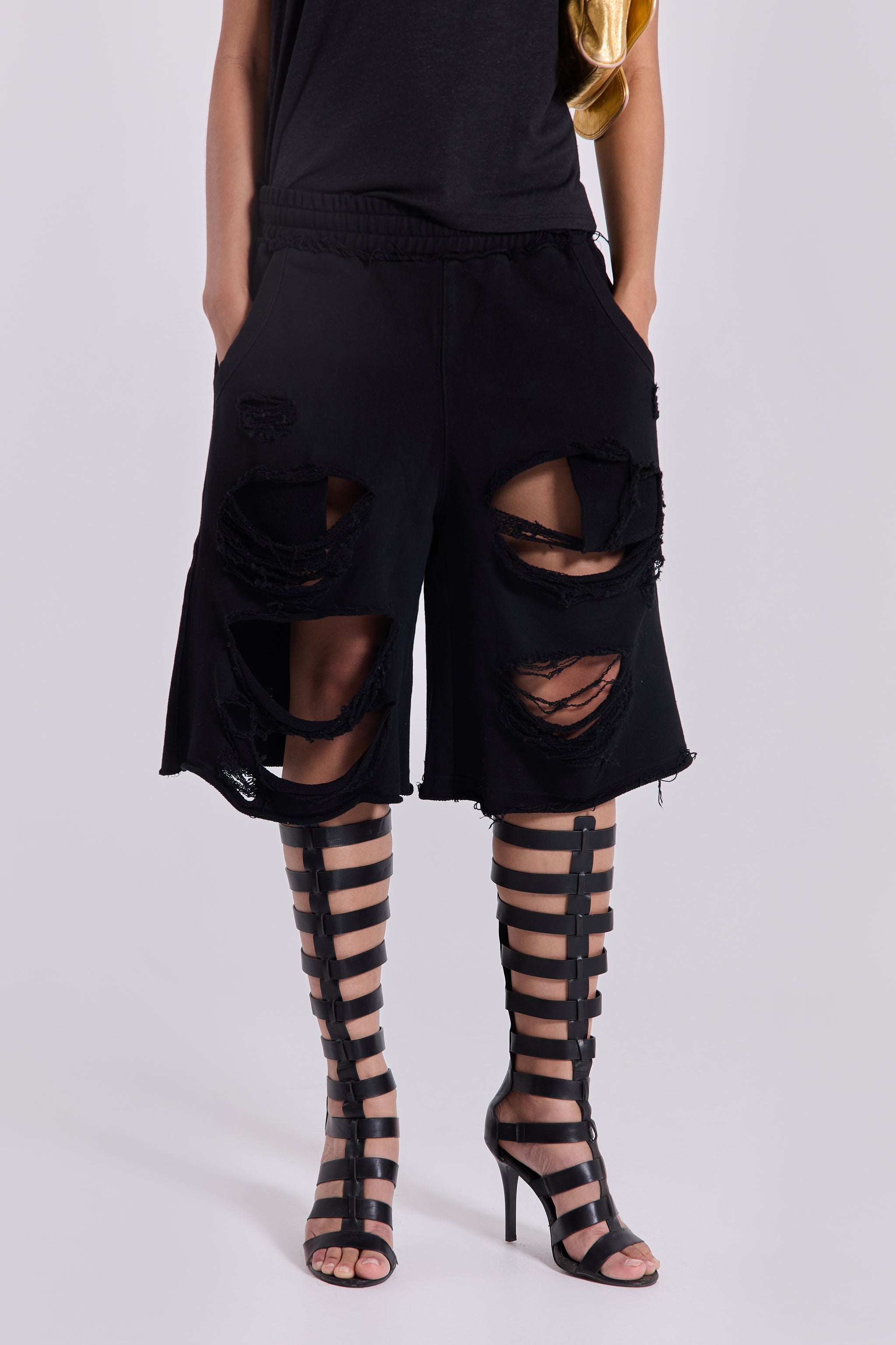 Black Distressed Monster Shorts
