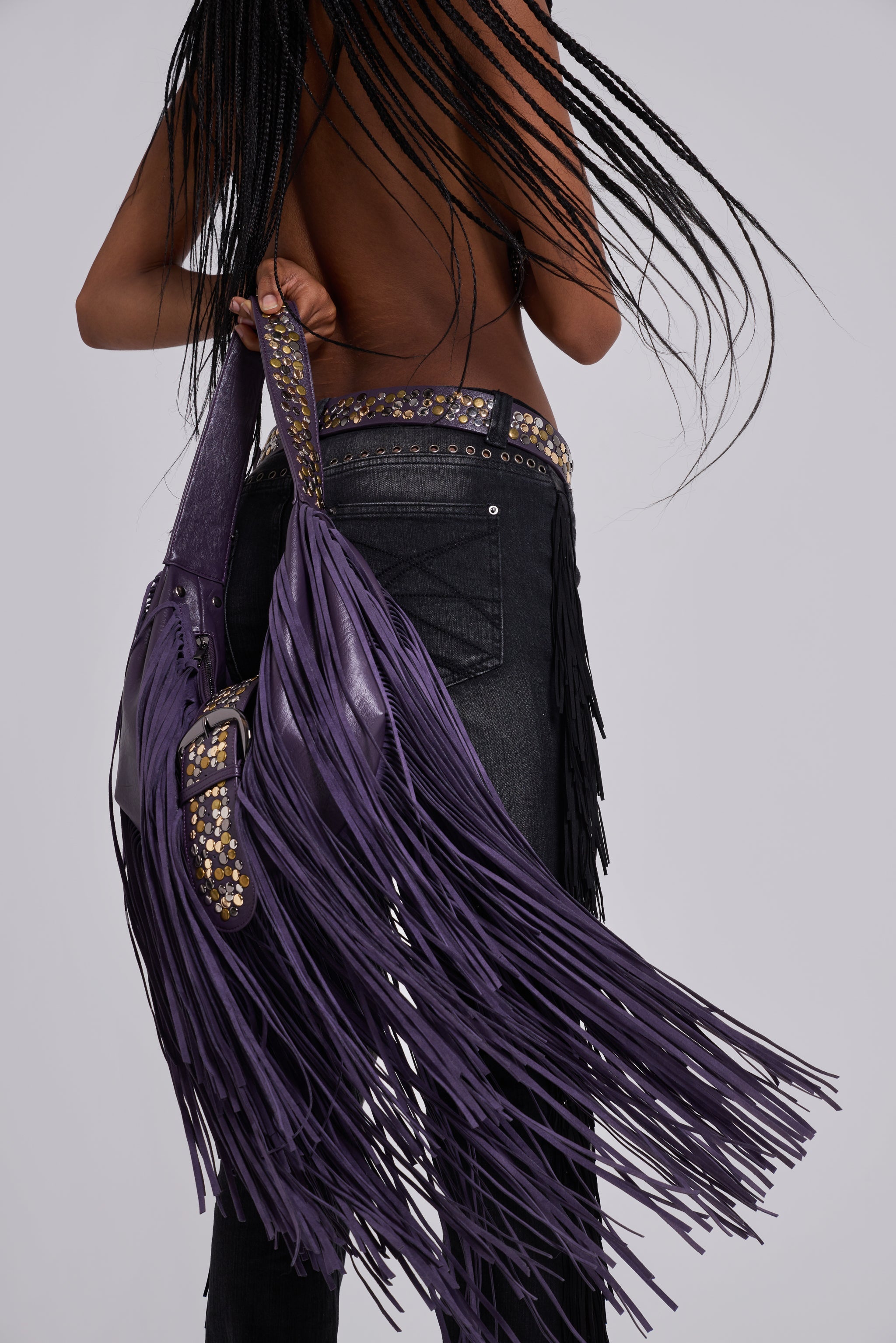 Amethyst Fringe Studded Shoulder Bag