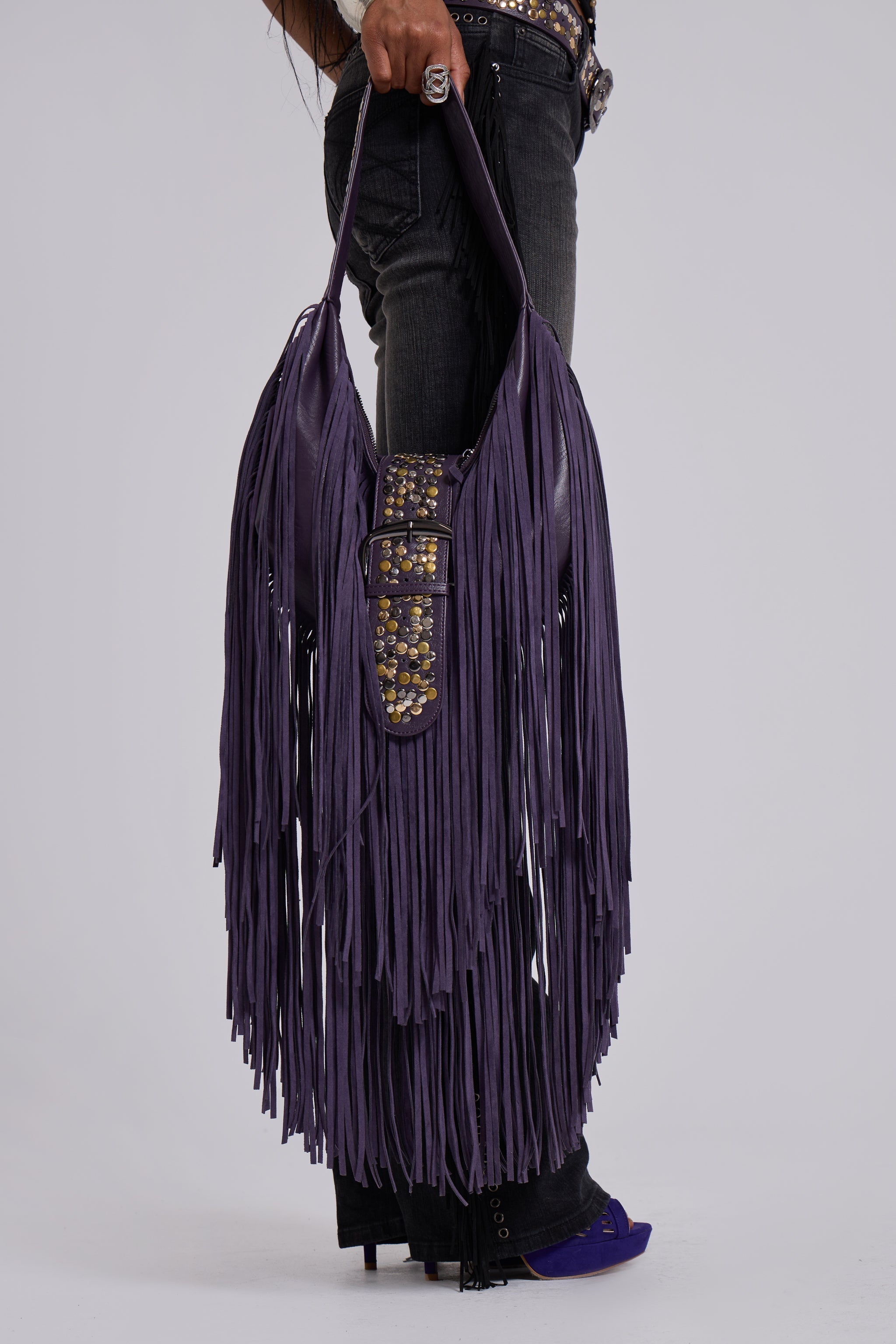 Amethyst Fringe Studded Shoulder Bag
