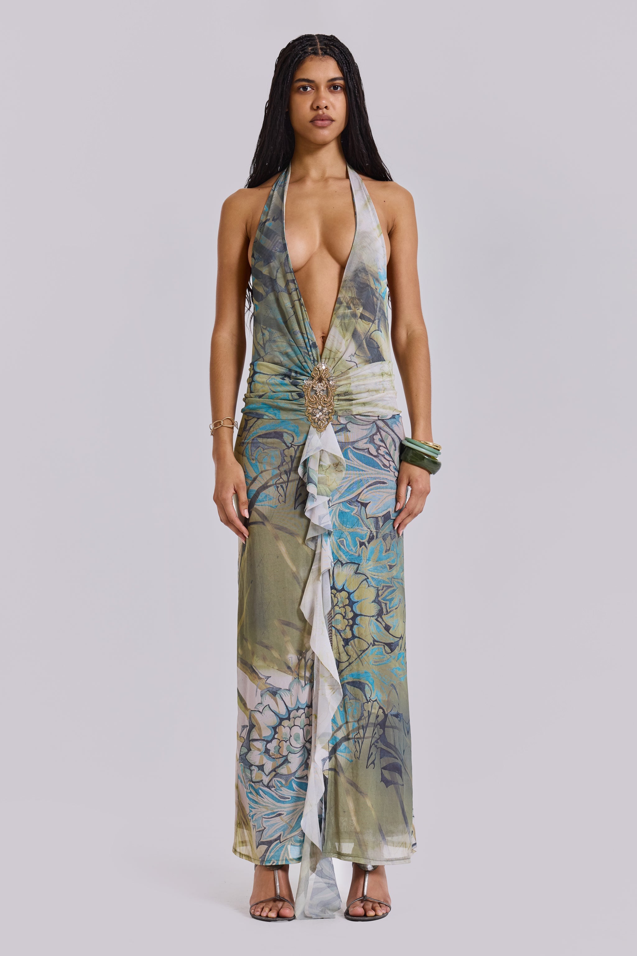 Cindy Plunge Maxi Dress In Green