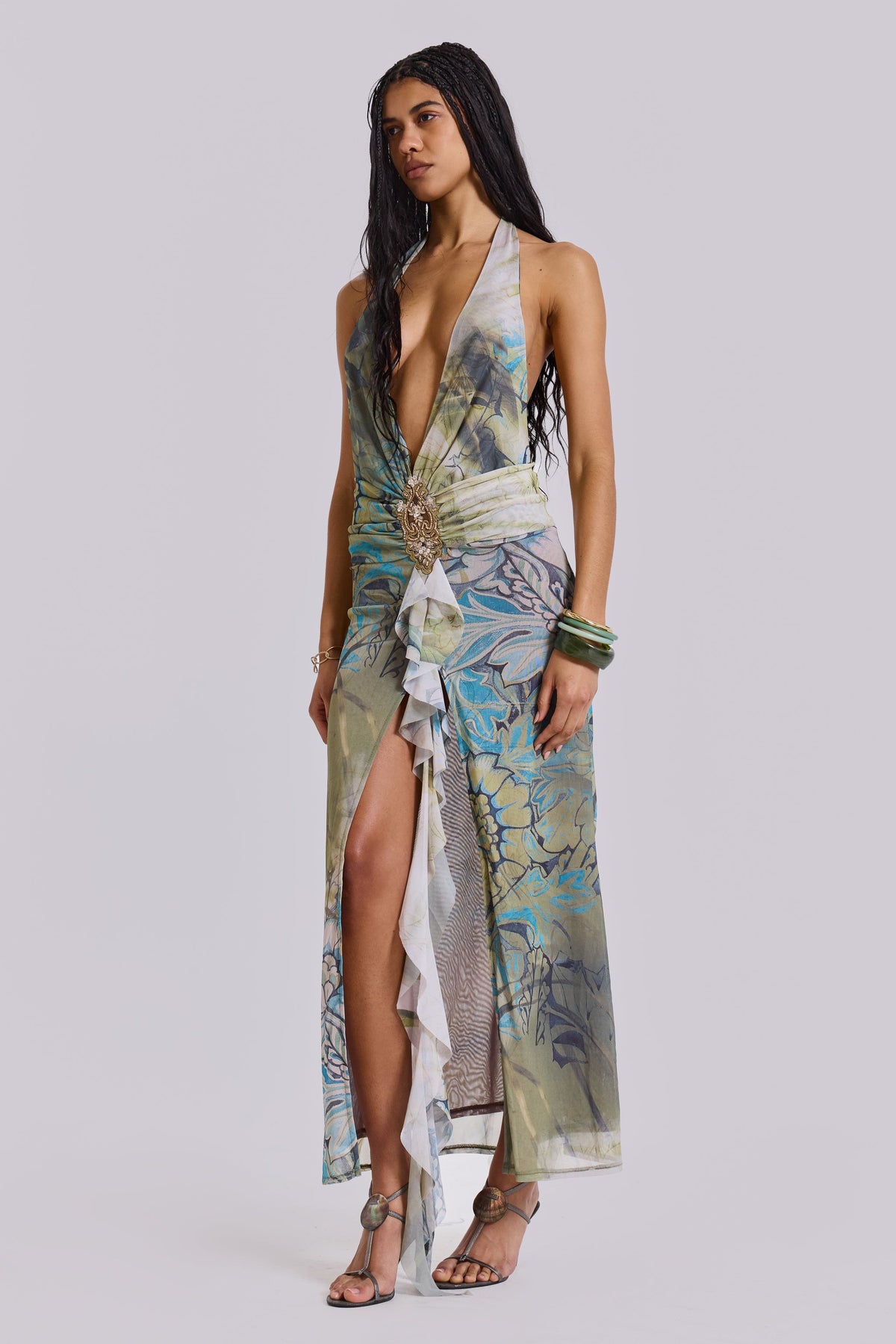 Cindy Plunge Maxi Dress In Green