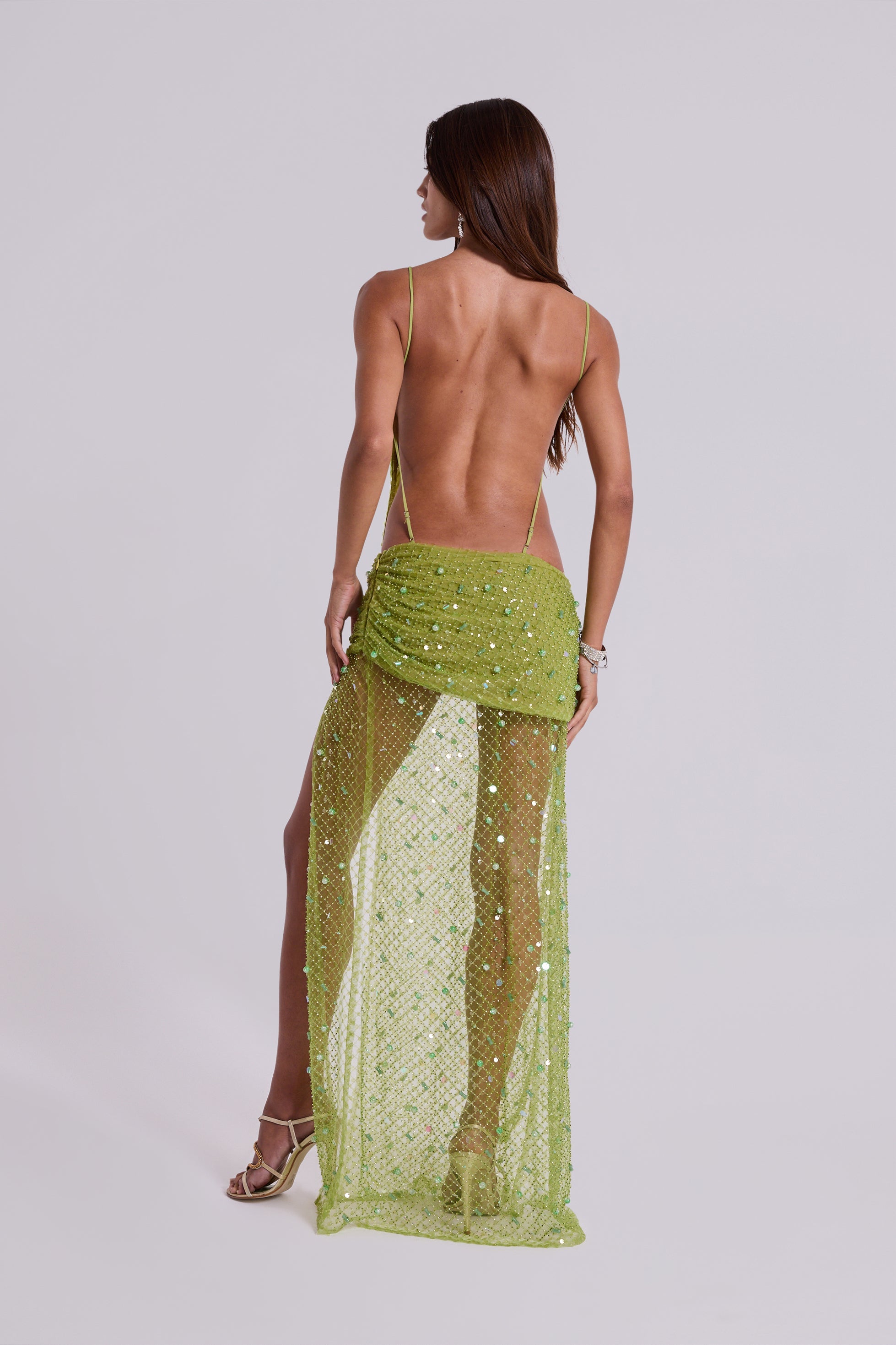 Stellar Asymmetric Hand Beaded Maxi Dress in Lime