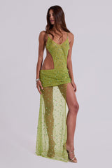 Stellar Asymmetric Hand Beaded Maxi Dress in Lime